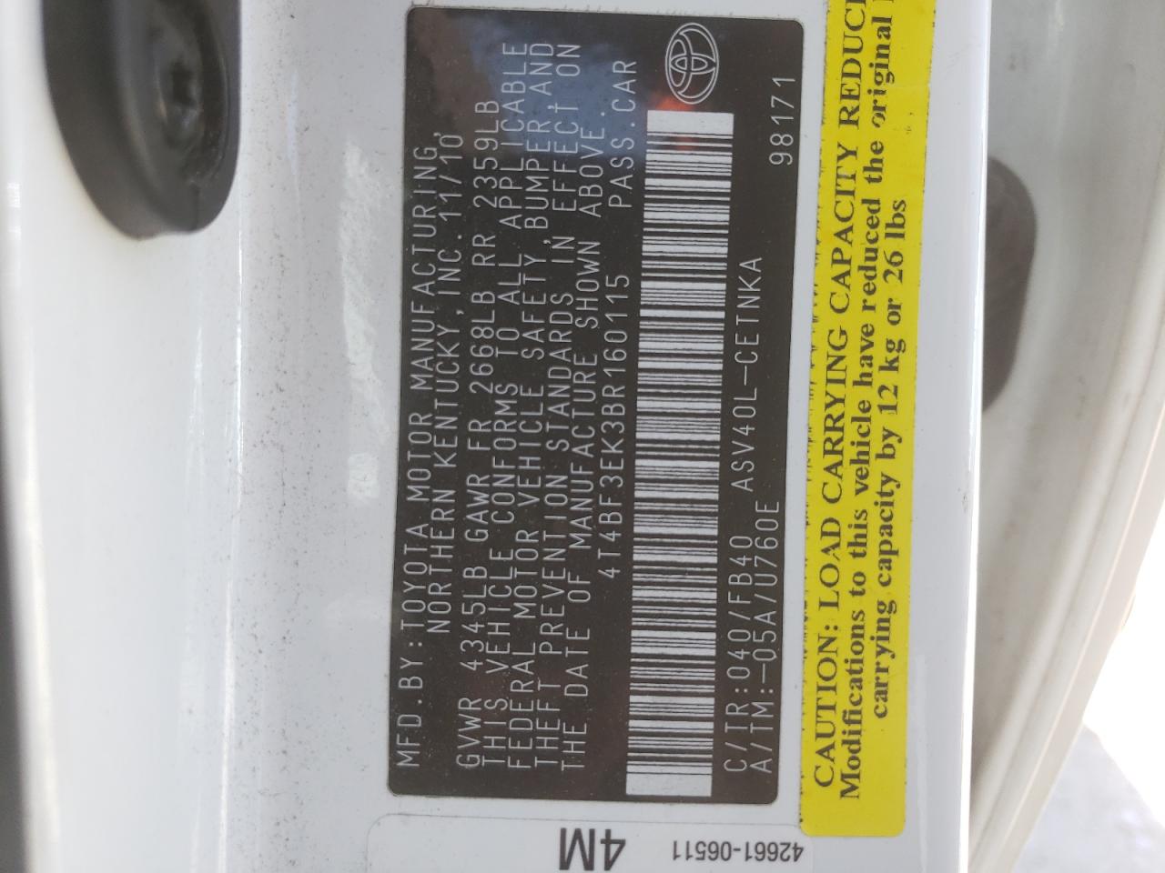 Фото 10 с аукциона – 2011 TOYOTA CAMRY BASE с VIN 4T4BF3EK3BR160115