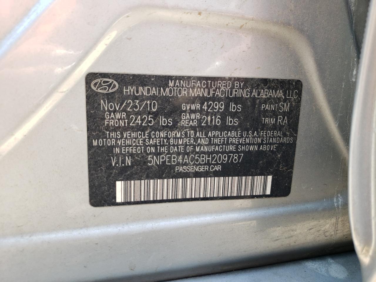 Photo 10 from auction – 2011 HYUNDAI SONATA GLS with VIN 5NPEB4AC5BH209787