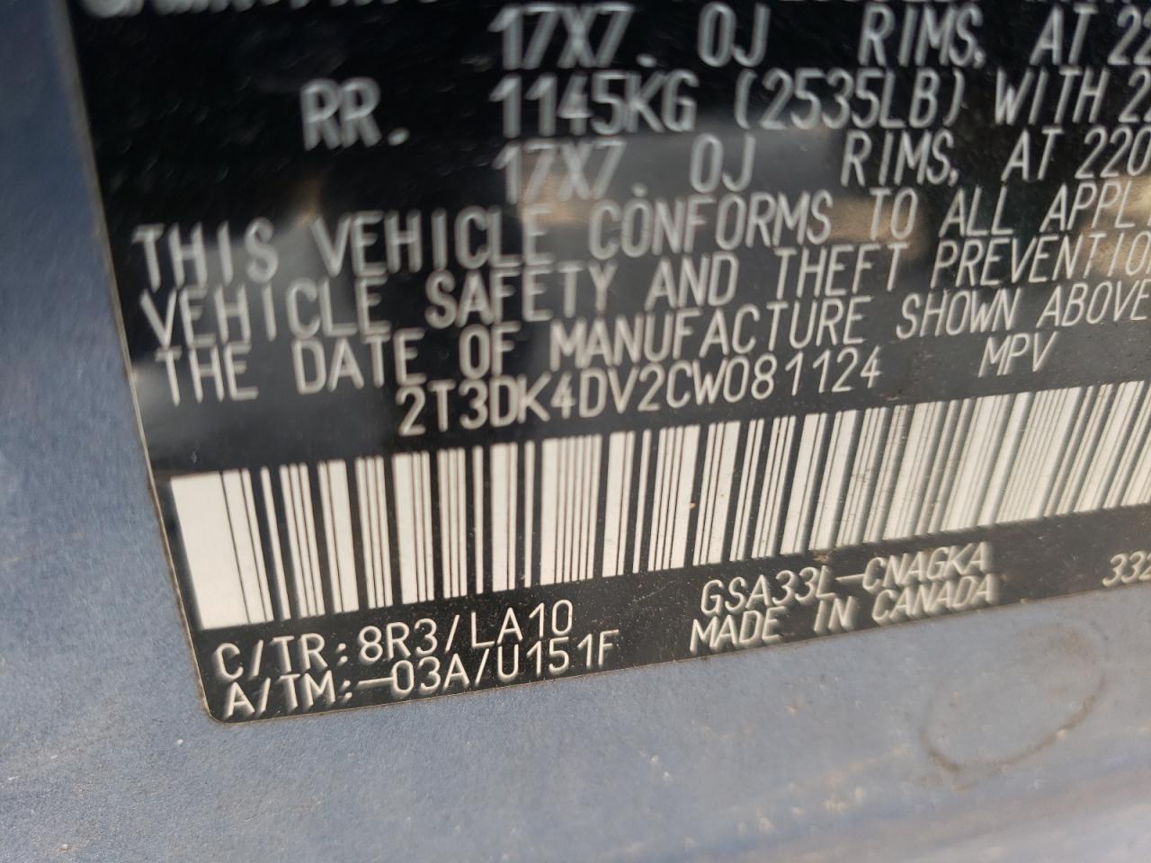 Photo 10 from auction – 2012 TOYOTA RAV4 LIMIT with VIN 2T3DK4DV2CW081124