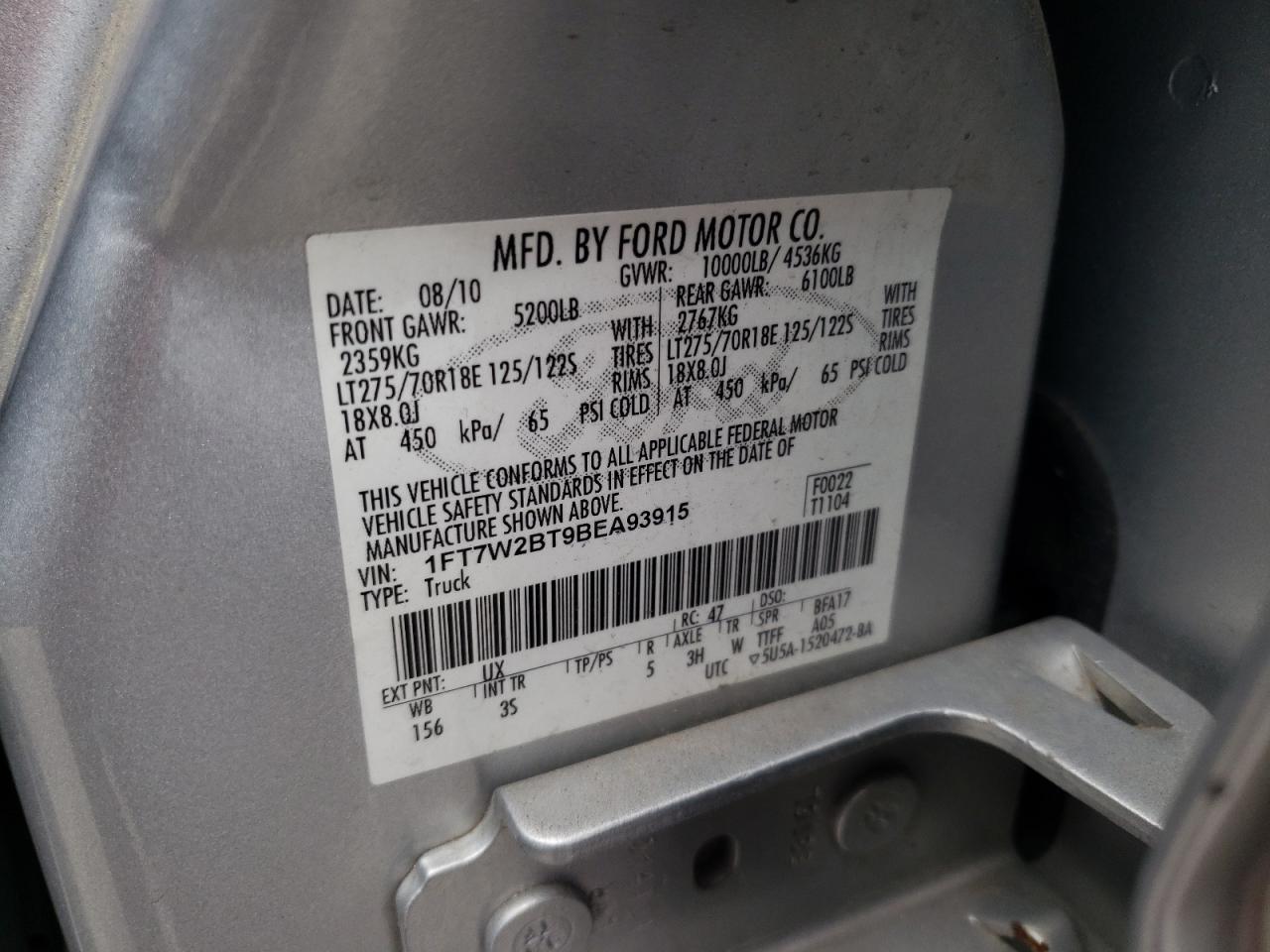 Photo 10 from auction – 2011 FORD F250 SUPER with VIN 1FT7W2BT9BEA93915