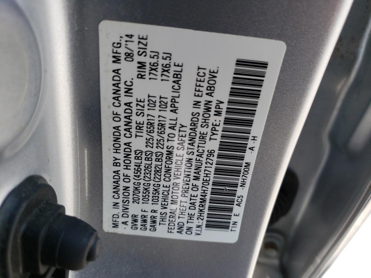 Photo 10 from auction – 2014 HONDA CR-V EXL with VIN 2HKRM4H70EH712796