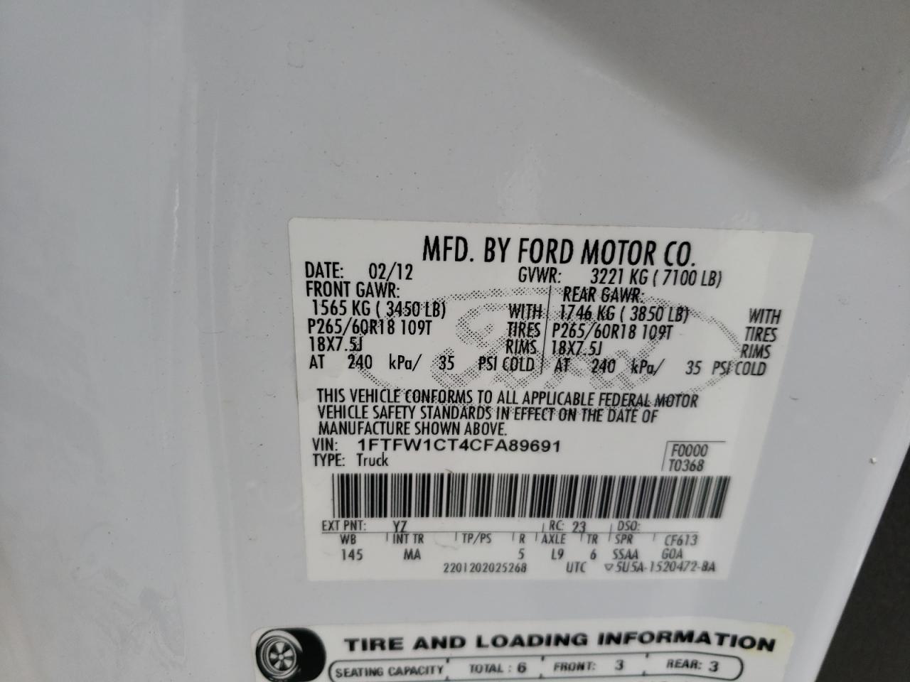 Photo 10 from auction – 2012 FORD F150 SUPER with VIN 1FTFW1CT4CFA89691