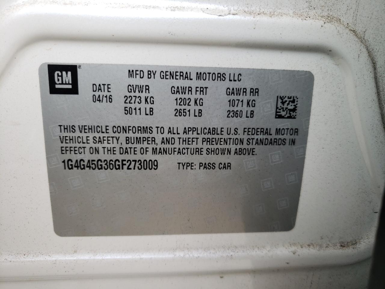 Photo 10 from auction – 2016 BUICK LACROSSE S with VIN 1G4G45G36GF273009