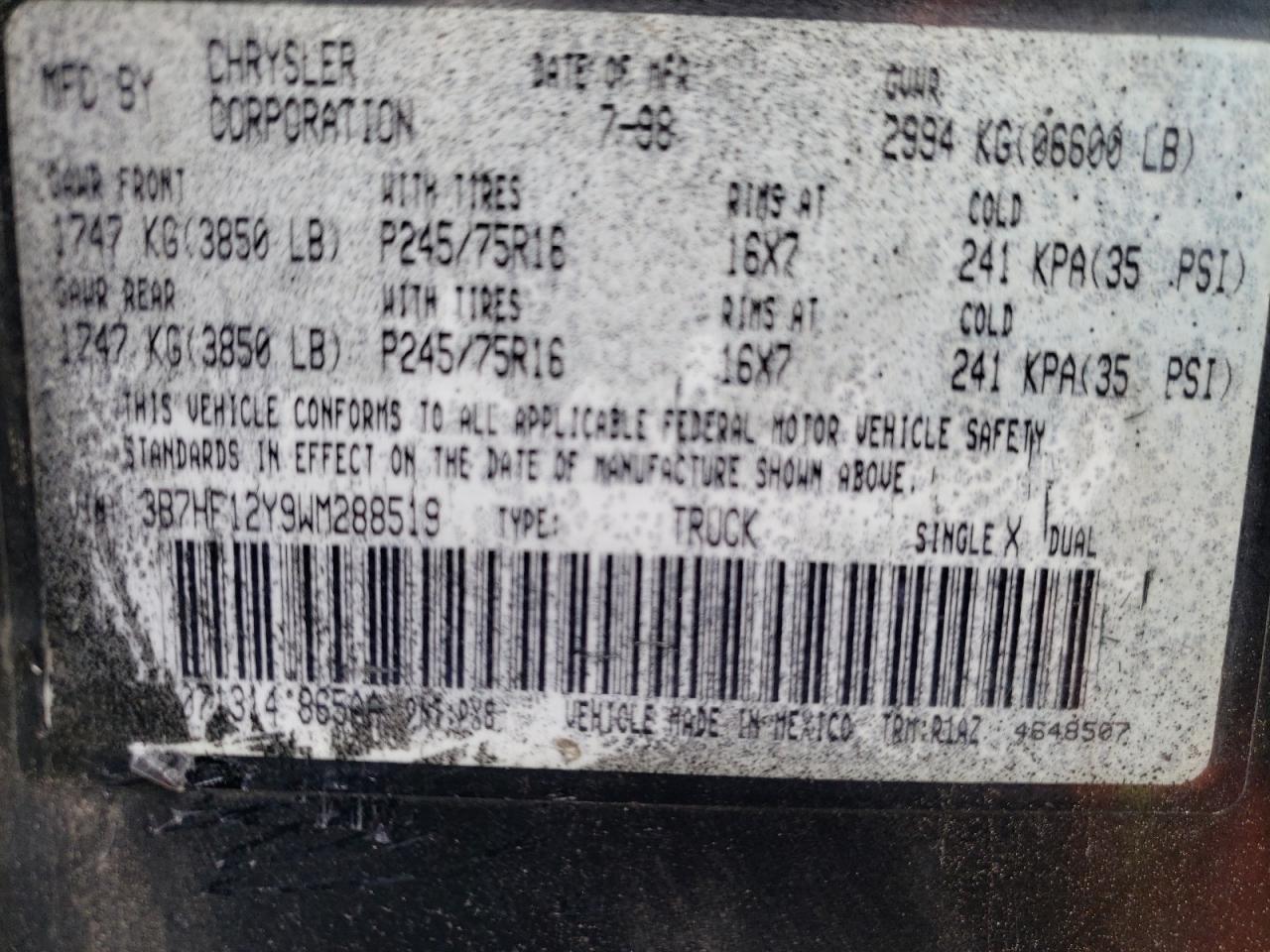 Photo 10 from auction – 1998 DODGE RAM 1500 with VIN 3B7HF12Y9WM288519