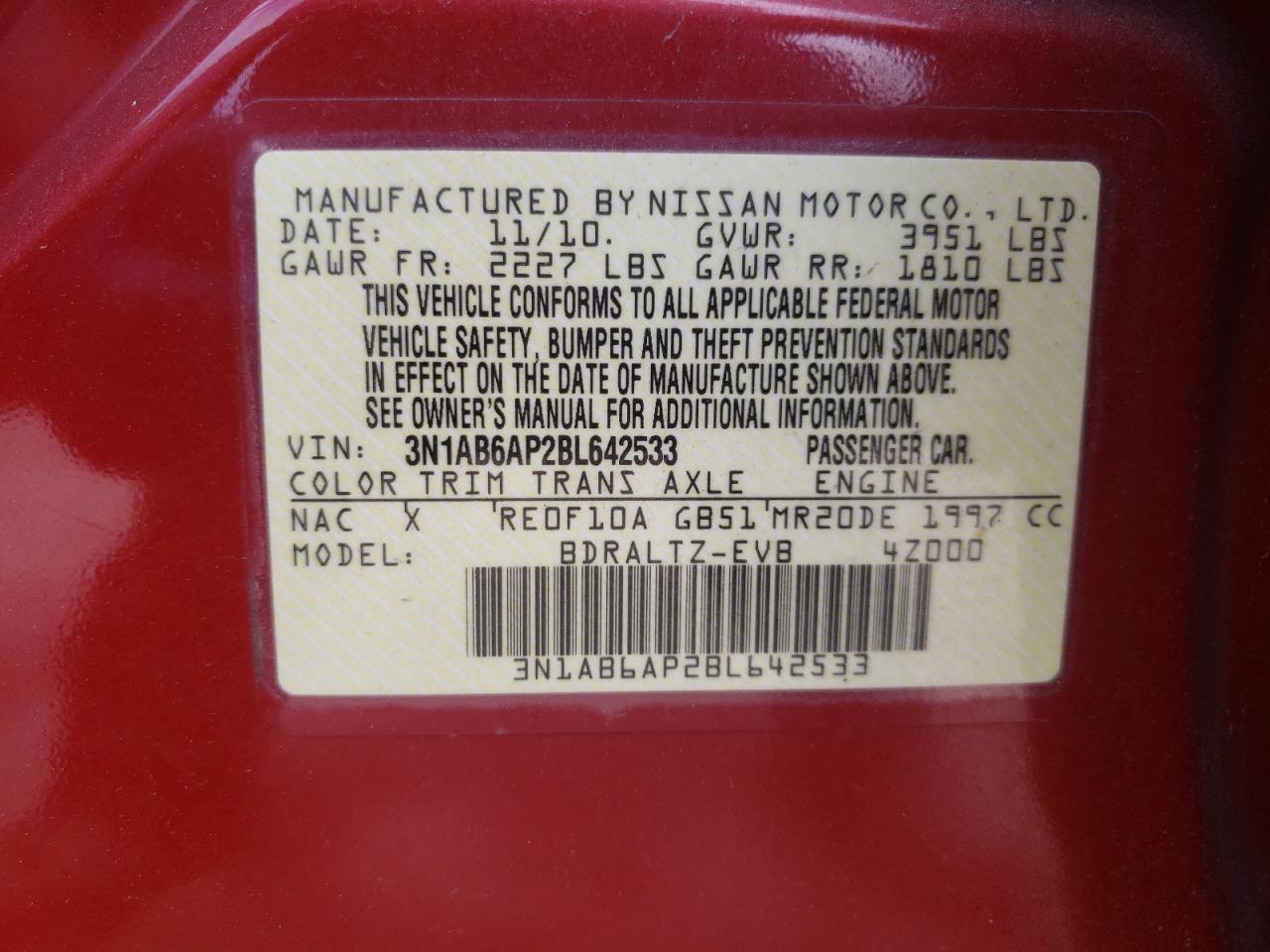 Photo 10 from auction – 2011 NISSAN SENTRA 2.0 with VIN 3N1AB6AP2BL642533