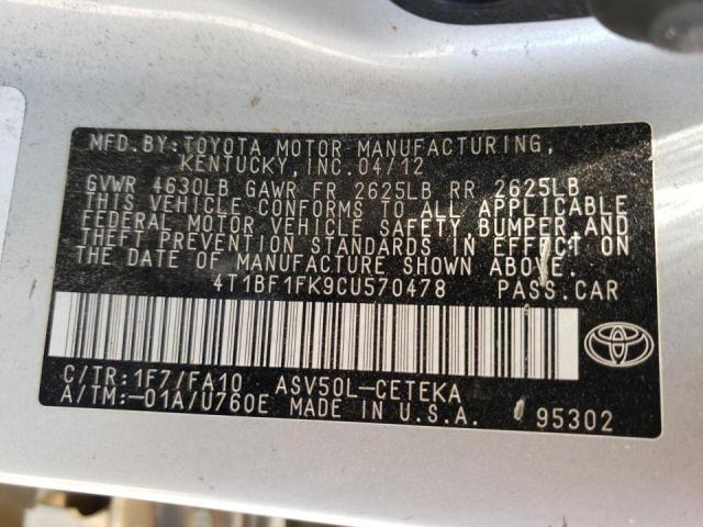 Photo 10 from auction – 2012 TOYOTA CAMRY BASE with VIN 4T1BF1FK9CU570478