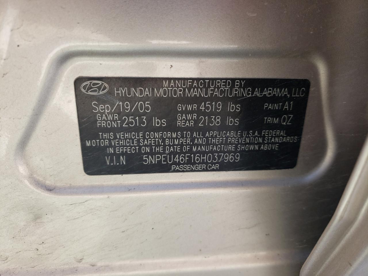 Photo 10 from auction – 2006 HYUNDAI SONATA GLS with VIN 5NPEU46F16H037969