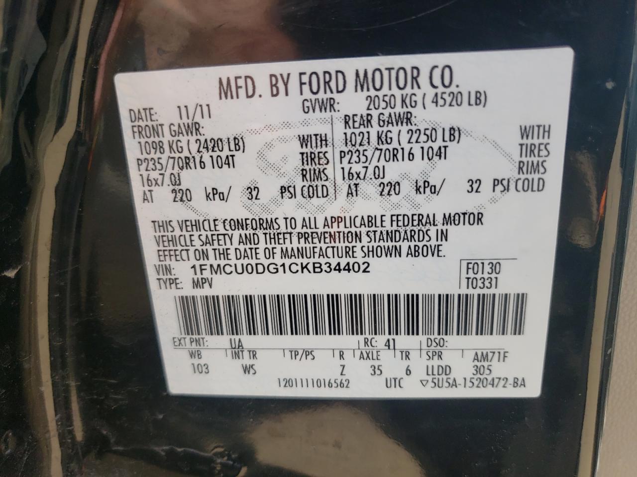 Photo 10 from auction – 2012 FORD ESCAPE XLT with VIN 1FMCU0DG1CKB34402