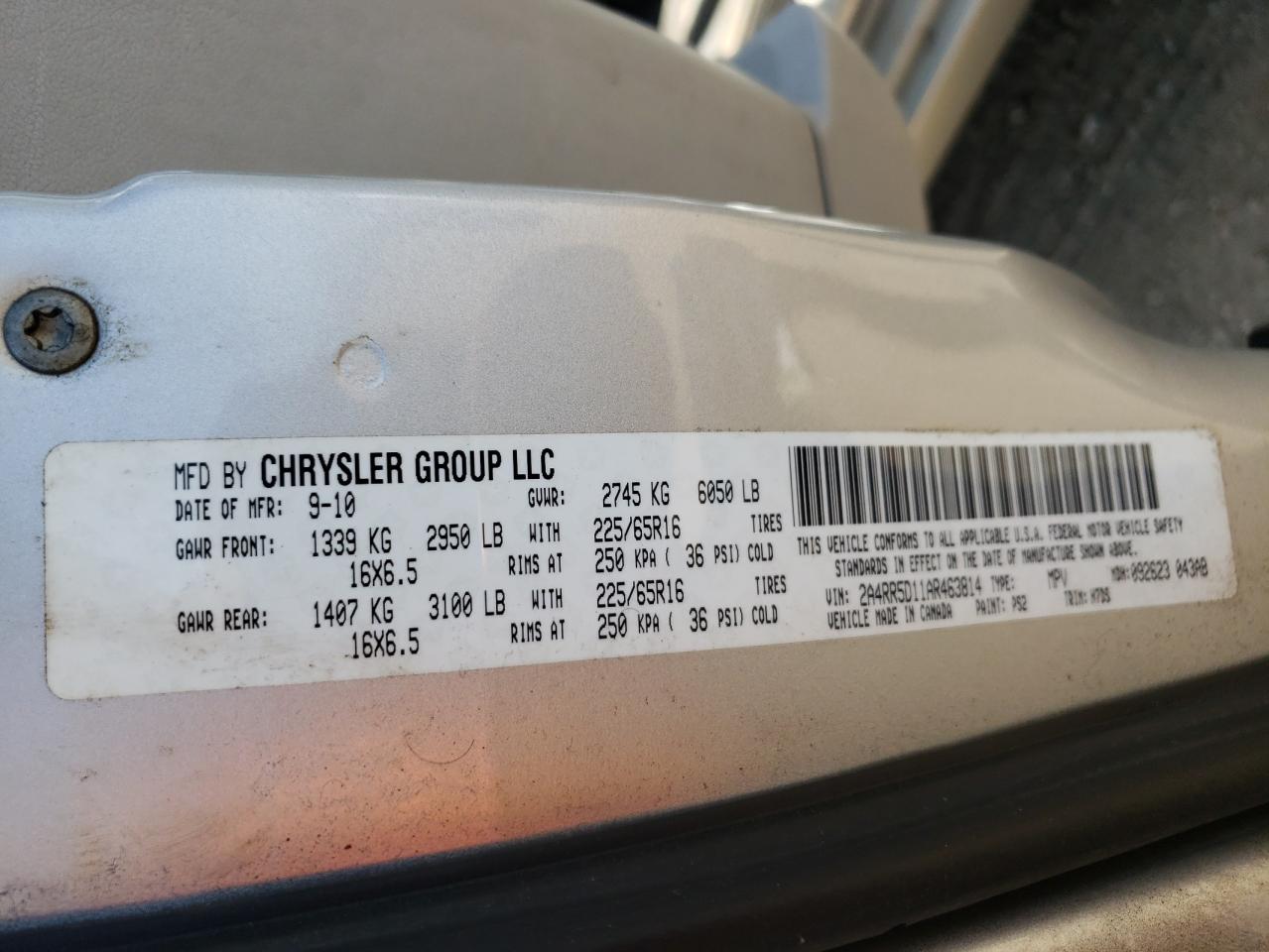 Photo 10 from auction – 2010 CHRYSLER TOWN & COU with VIN 2A4RR5D11AR463814