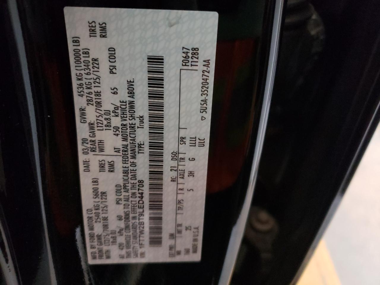 Photo 10 from auction – 2020 FORD F250 SUPER with VIN 1FT7W2BT9LED44708