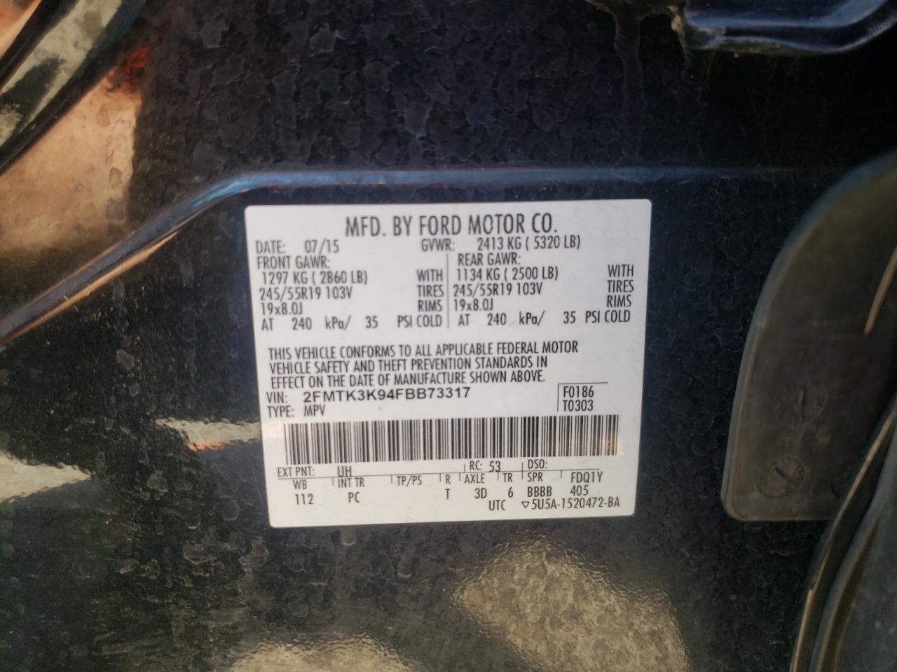 Photo 10 from auction – 2015 FORD EDGE TITAN with VIN 2FMTK3K94FBB73317