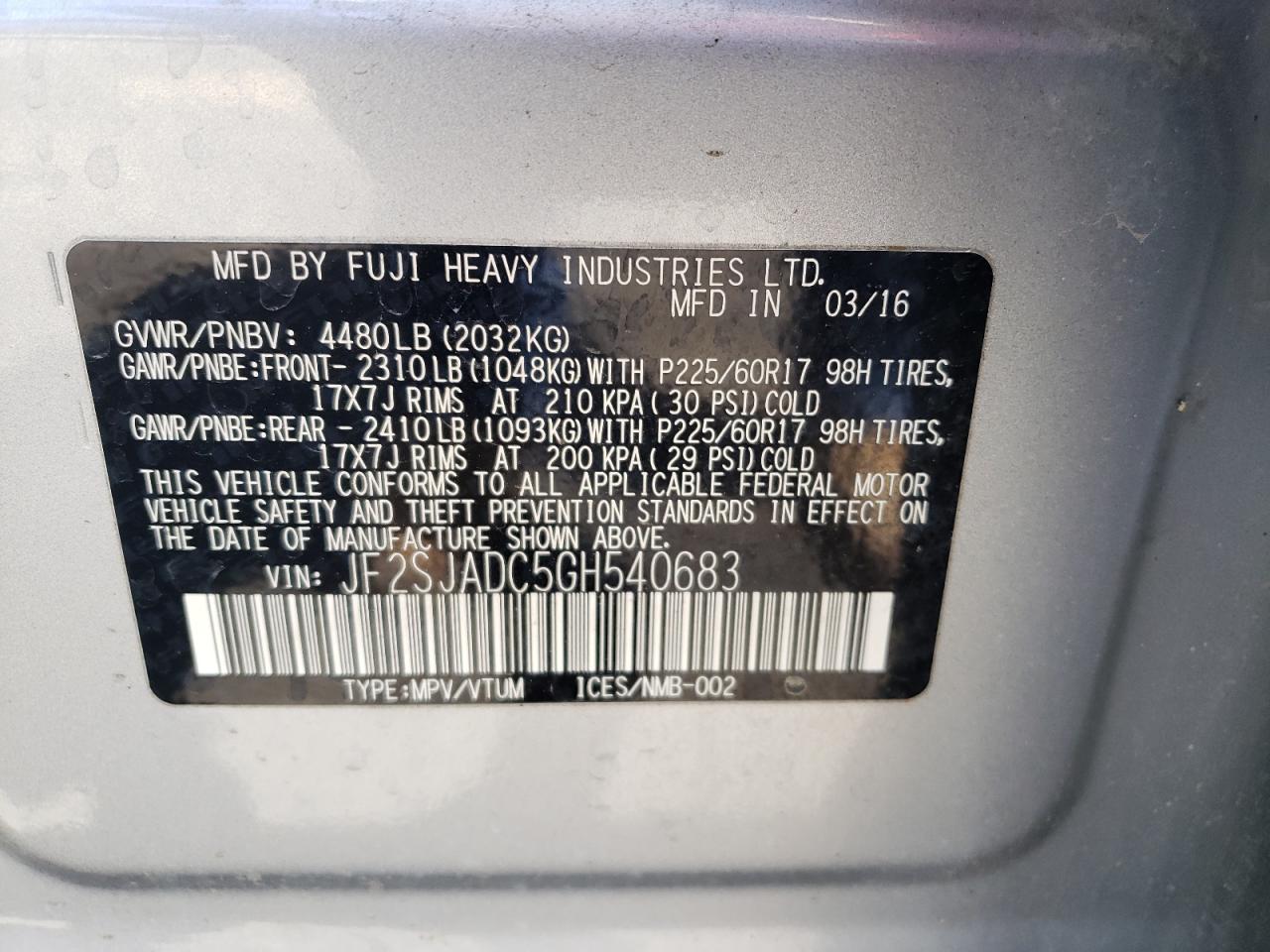 Photo 10 from auction – 2016 SUBARU FORESTER 2 with VIN JF2SJADC5GH540683