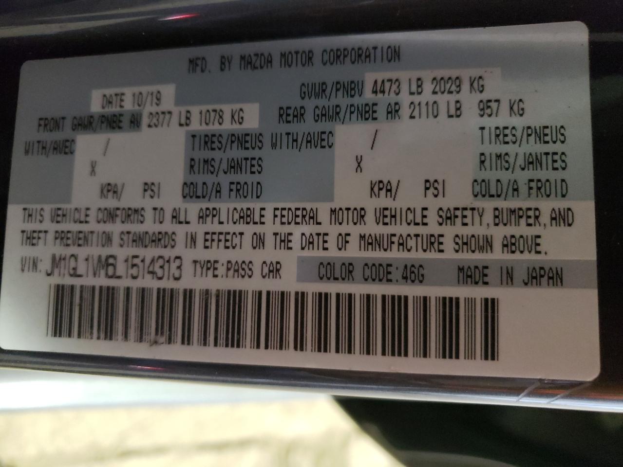 Photo 10 from auction – 2020 MAZDA 6 TOURING with VIN JM1GL1VM6L1514313
