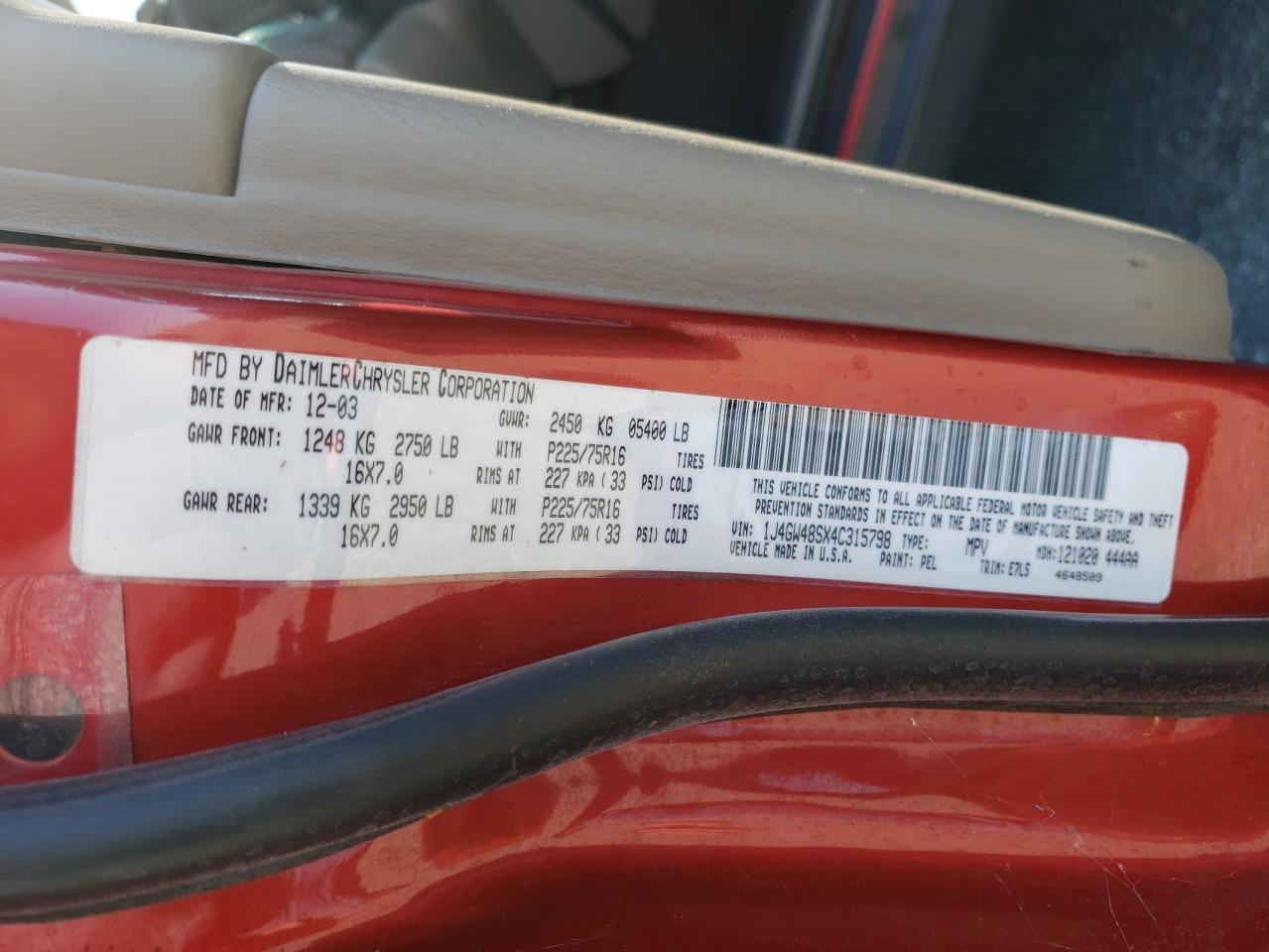Photo 10 from auction – 2004 JEEP GRAND CHER with VIN 1J4GW48SX4C315798