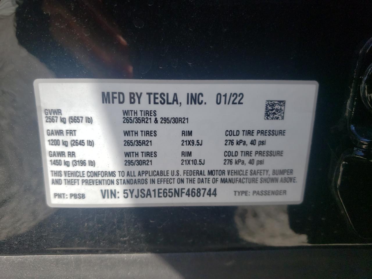 Photo 11 from auction – 2022 TESLA MODEL S with VIN 5YJSA1E65NF468744