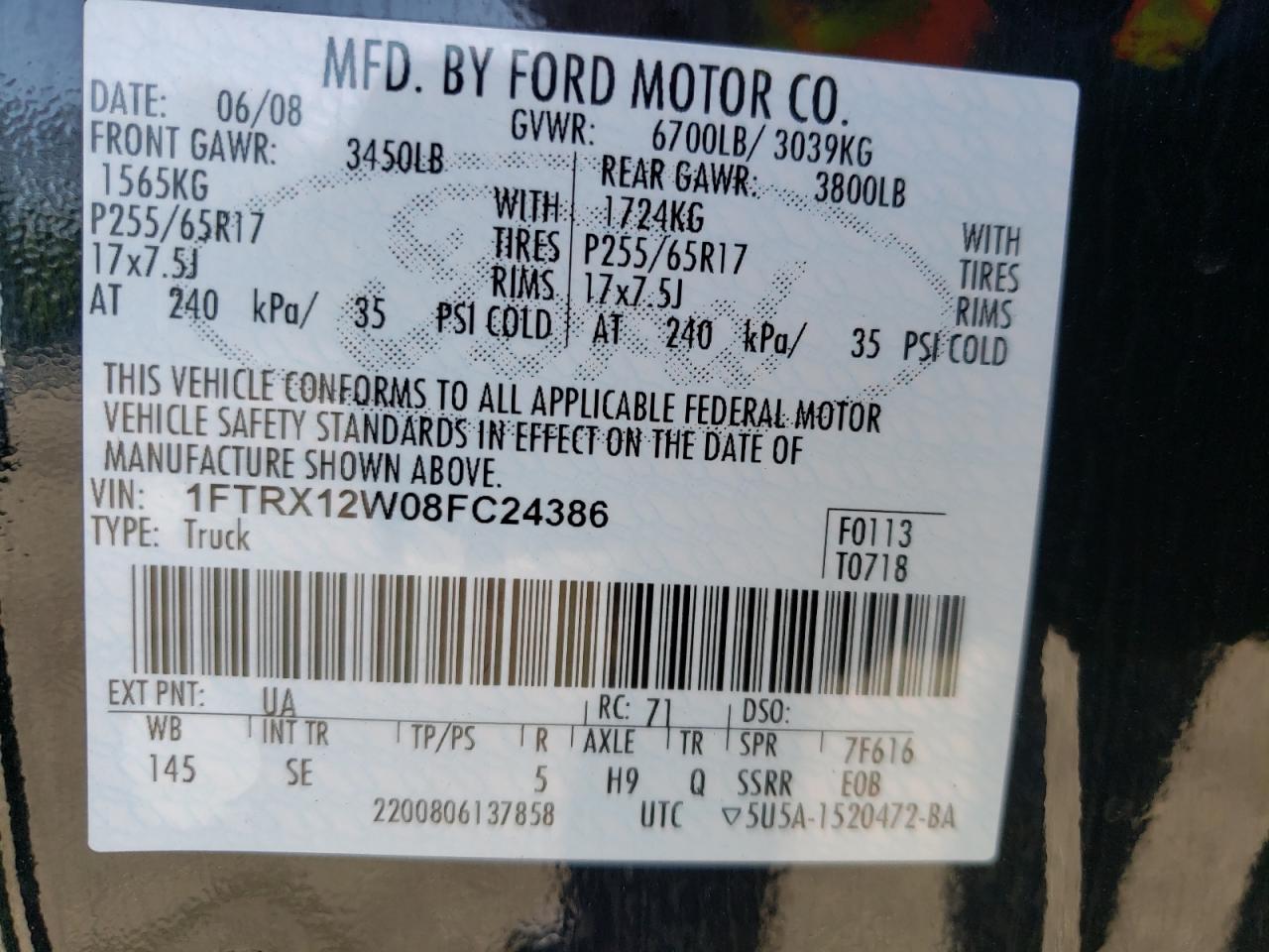 Photo 10 from auction – 2008 FORD F150 with VIN 1FTRX12W08FC24386