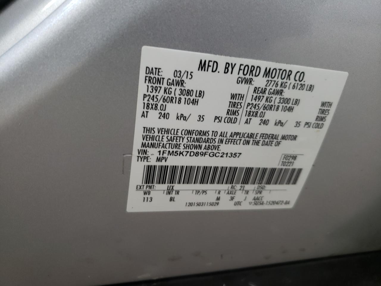 Photo 10 from auction – 2015 FORD EXPLORER X with VIN 1FM5K7D89FGC21357