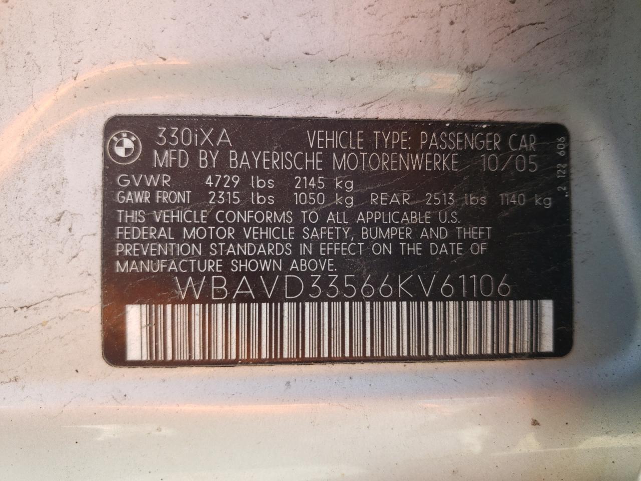 Photo 10 from auction – 2006 BMW 330 XI with VIN WBAVD33566KV61106