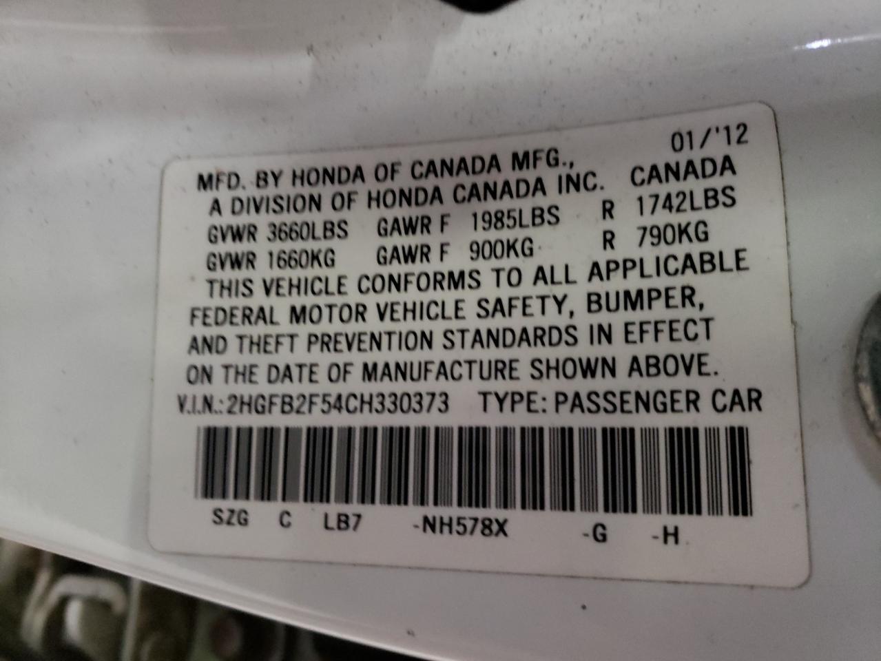Photo 10 from auction – 2012 HONDA CIVIC LX with VIN 2HGFB2F54CH330373