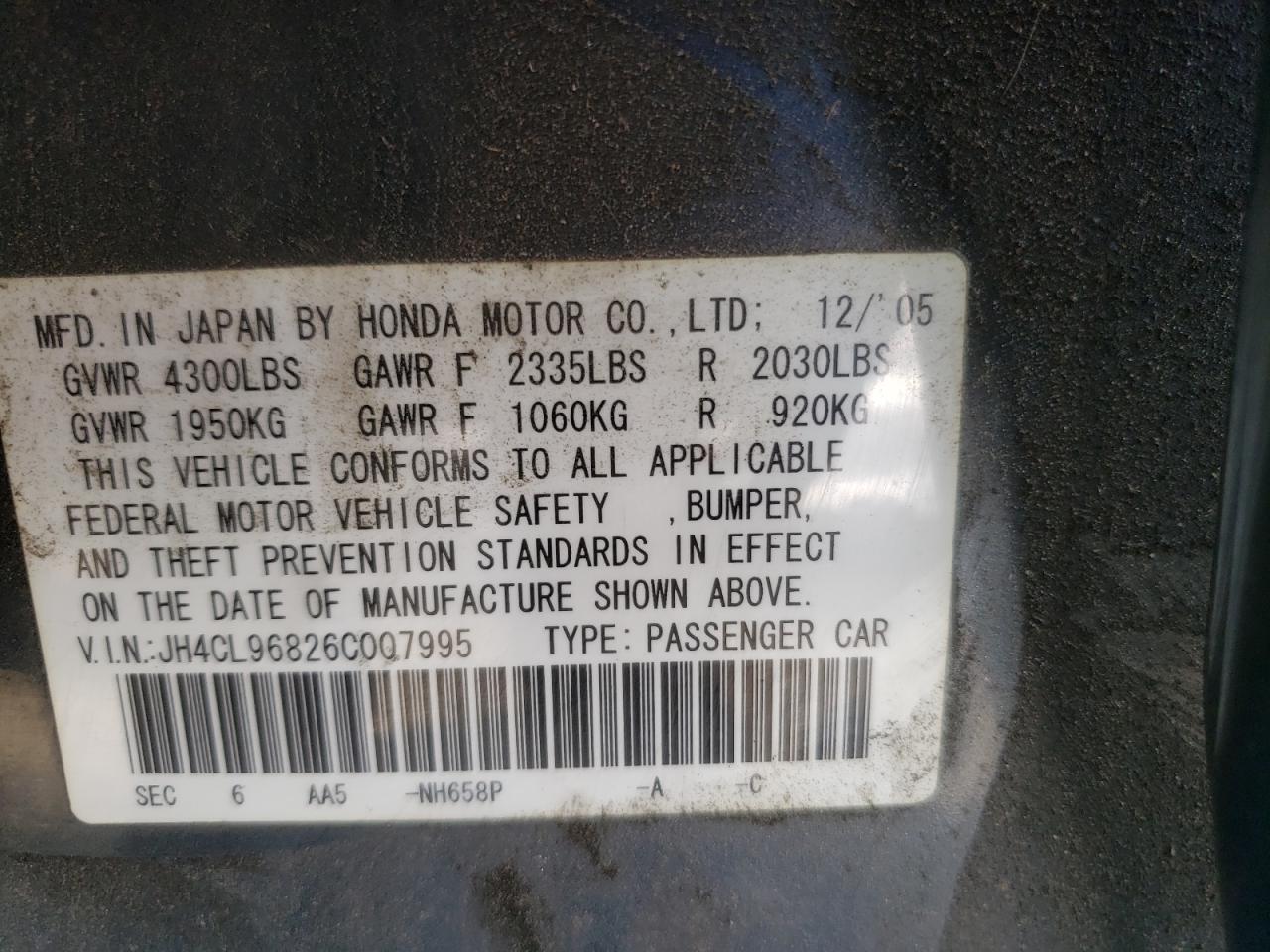 Photo 10 from auction – 2006 ACURA TSX with VIN JH4CL96826C007995