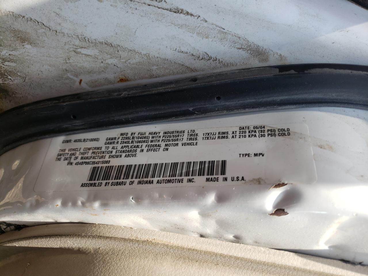 Photo 10 from auction – 2005 SUBARU LEGACY OUT with VIN 4S4BP86C354315083