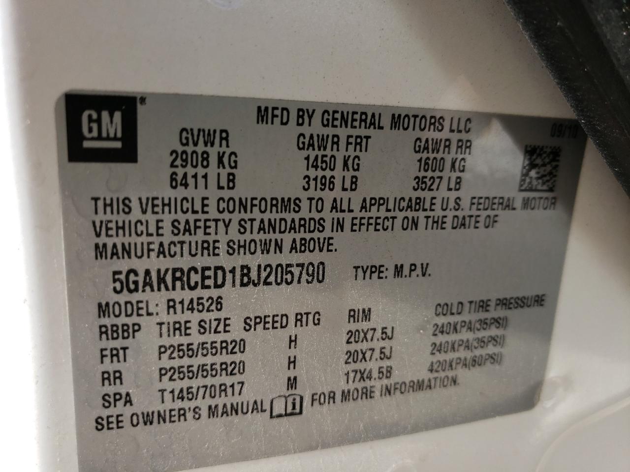 Photo 10 from auction – 2011 BUICK ENCLAVE CX with VIN 5GAKRCED1BJ205790