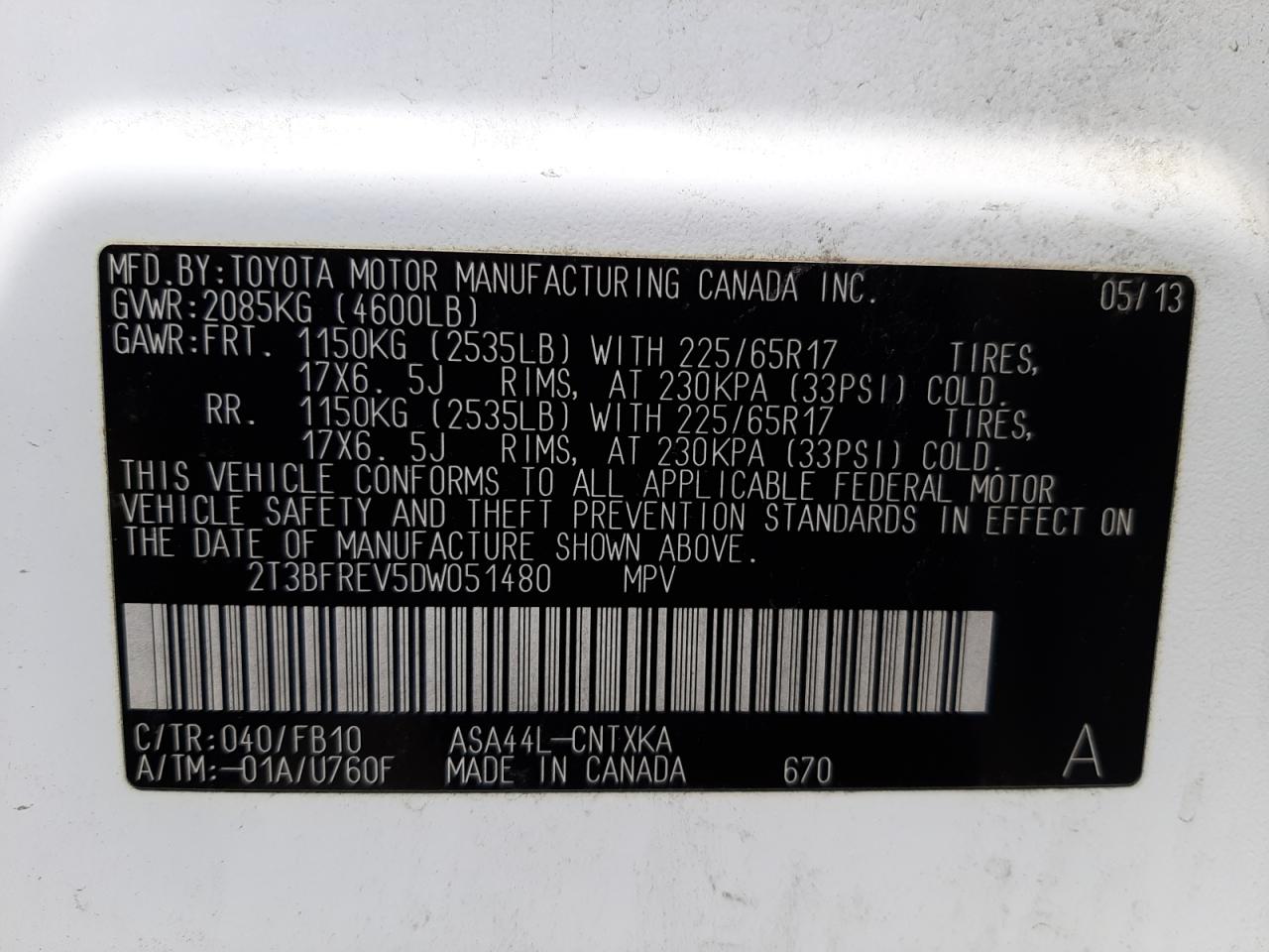Photo 10 from auction – 2013 TOYOTA RAV4 LE with VIN 2T3BFREV5DW051480