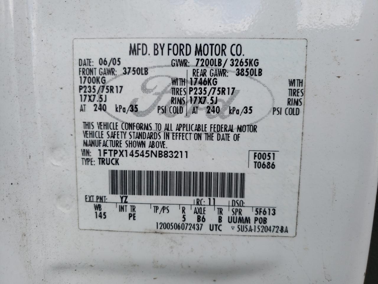 Photo 10 from auction – 2005 FORD F150 with VIN 1FTPX14545NB83211