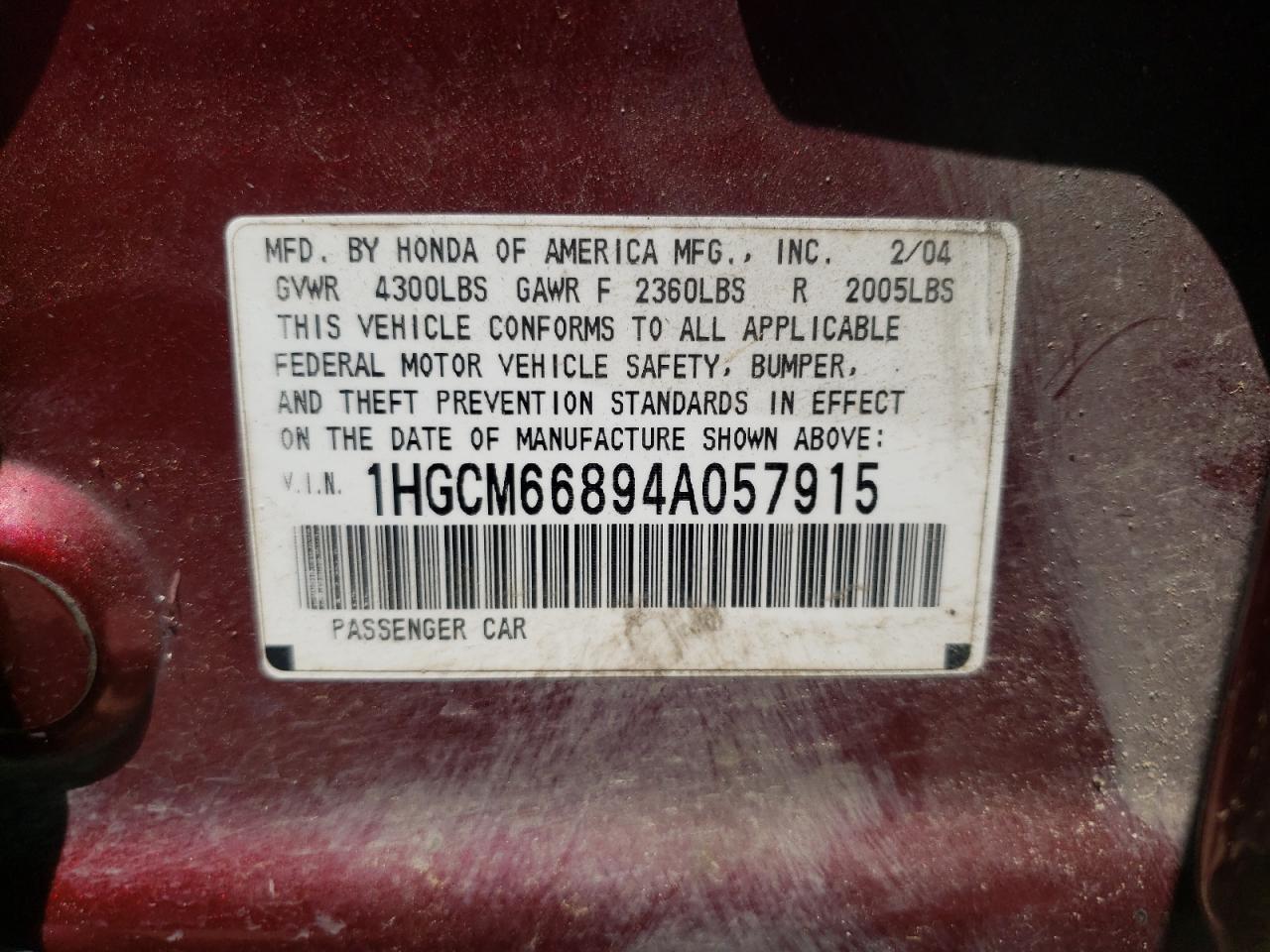 Photo 10 from auction – 2004 HONDA ACCORD EX with VIN 1HGCM66894A057915