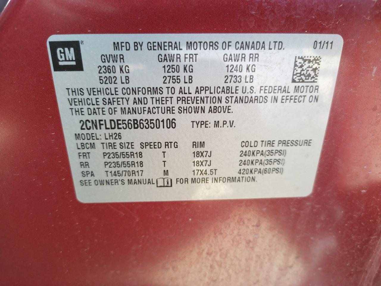 Photo 10 from auction – 2011 CHEVROLET EQUINOX LT with VIN 2CNFLDE56B6350106