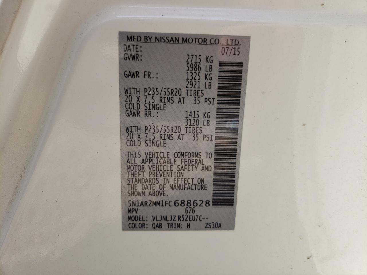 Photo 10 from auction – 2015 NISSAN PATHFINDER with VIN 5N1AR2MM1FC688628