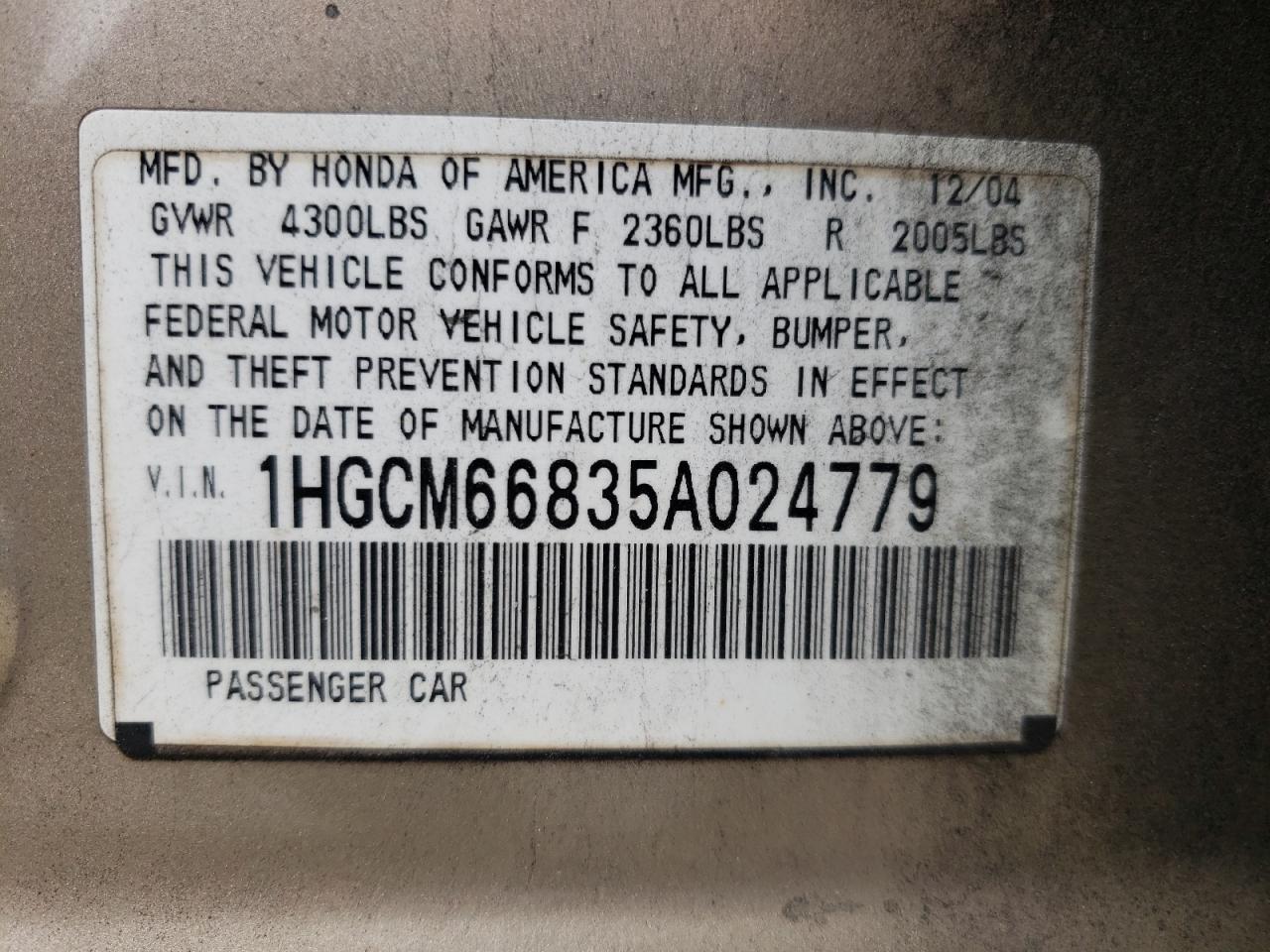Photo 10 from auction – 2005 HONDA ACCORD EX with VIN 1HGCM66835A024779