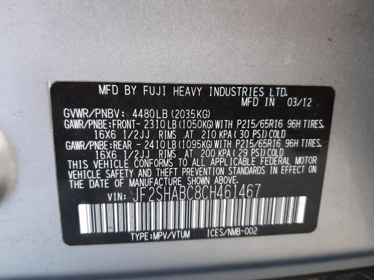Photo 10 from auction – 2012 SUBARU FORESTER 2 with VIN JF2SHABC8CH461467