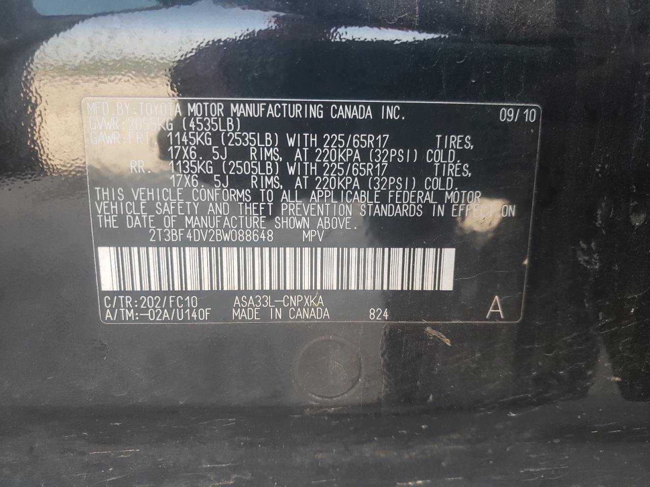 Photo 10 from auction – 2011 TOYOTA RAV4 with VIN 2T3BF4DV2BW088648