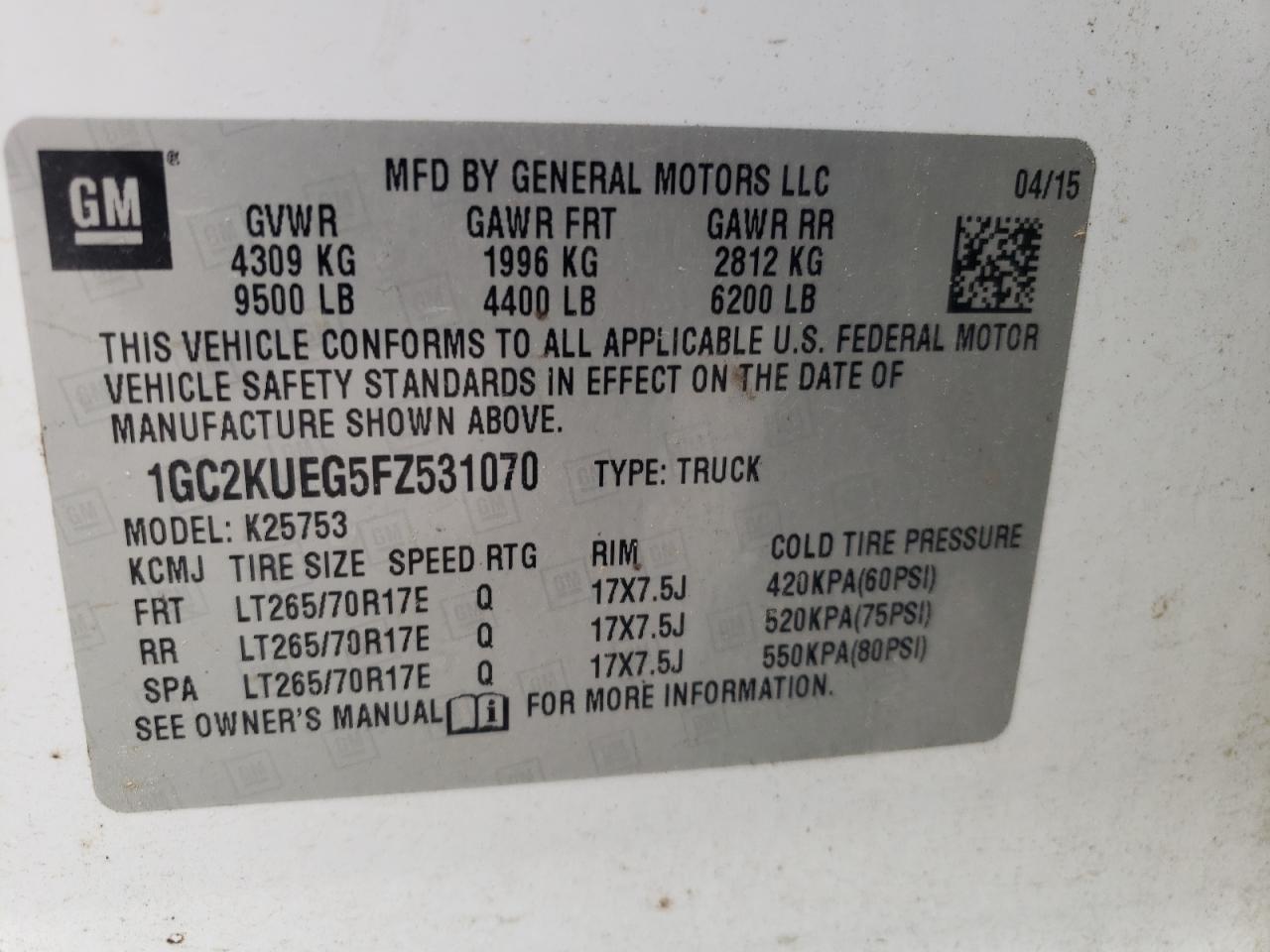 Photo 10 from auction – 2015 CHEVROLET SILVERADO with VIN 1GC2KUEG5FZ531070