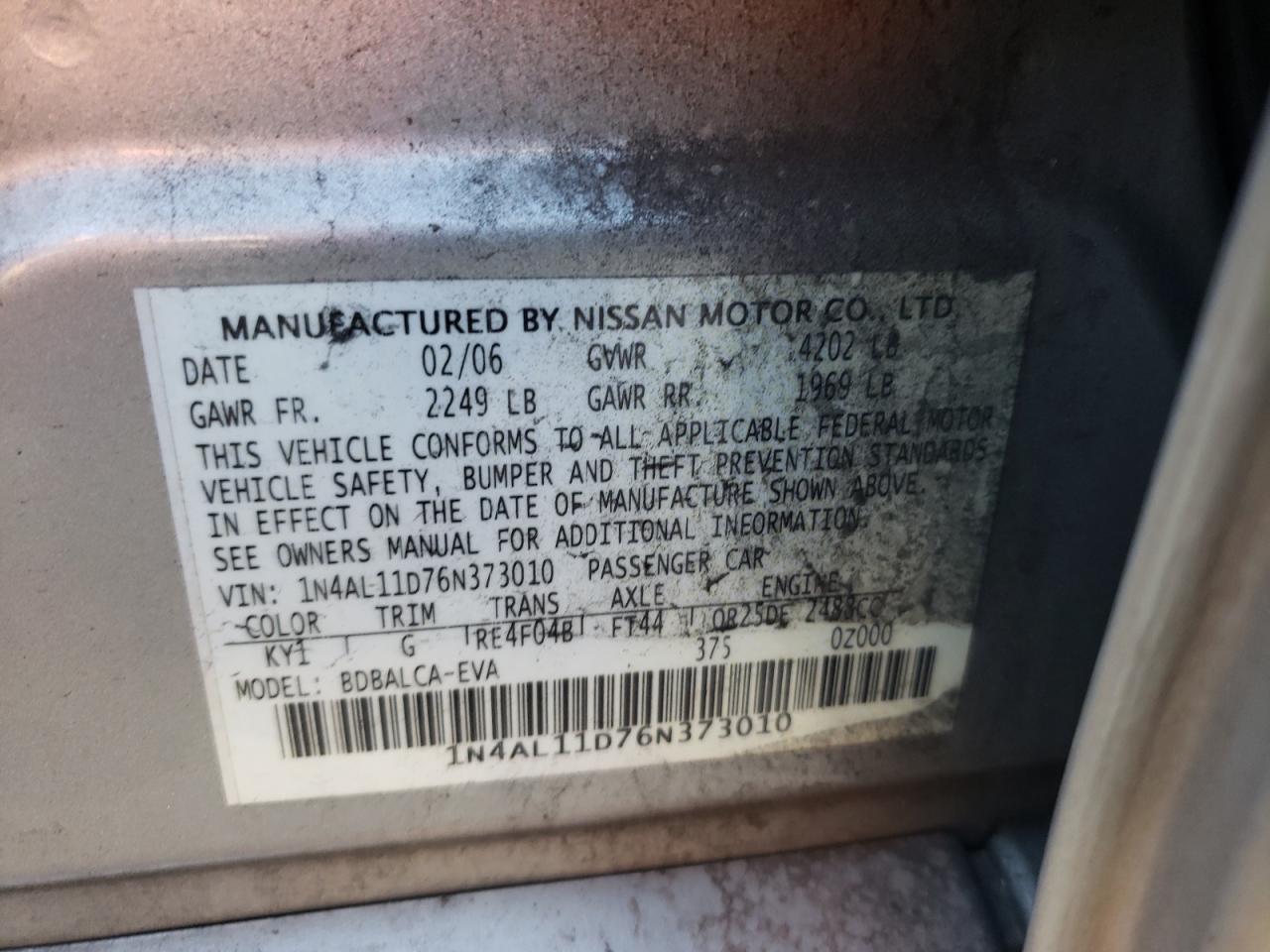Photo 10 from auction – 2006 NISSAN ALTIMA S with VIN 1N4AL11D76N373010