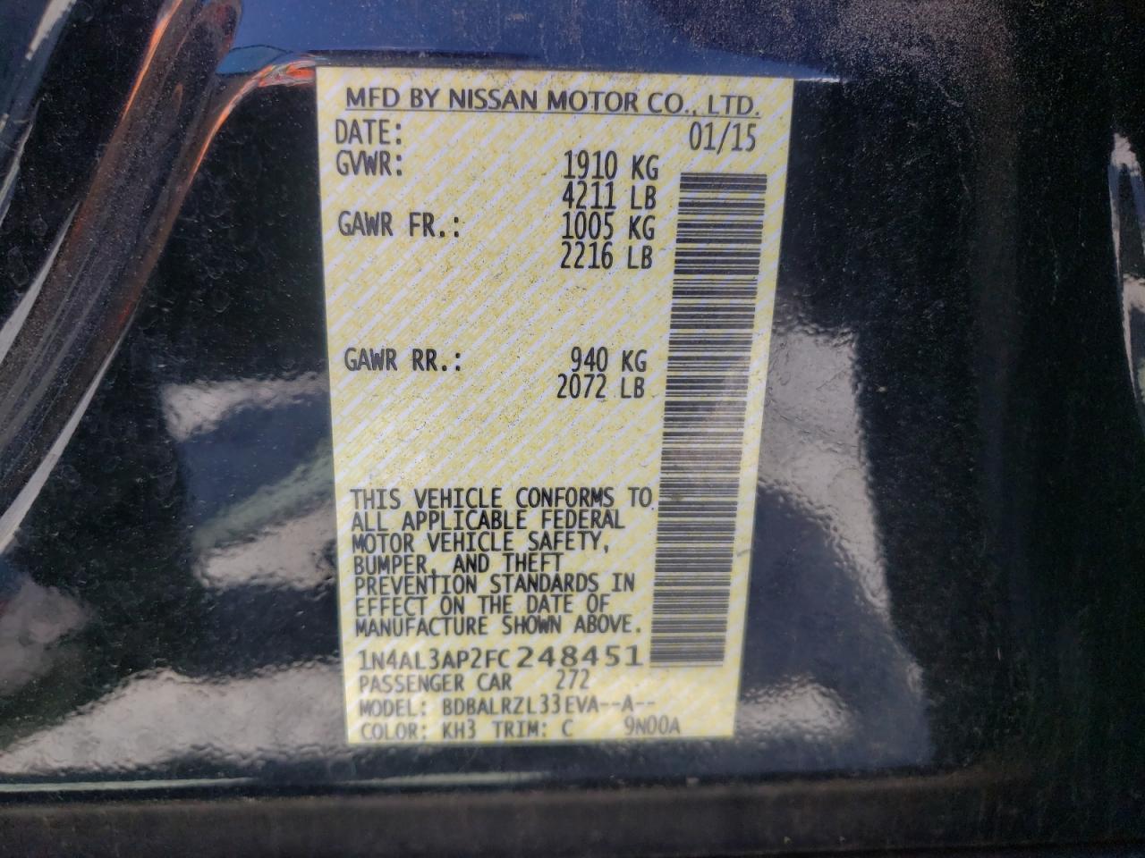 Photo 10 from auction – 2015 NISSAN ALTIMA 2.5 with VIN 1N4AL3AP2FC248451