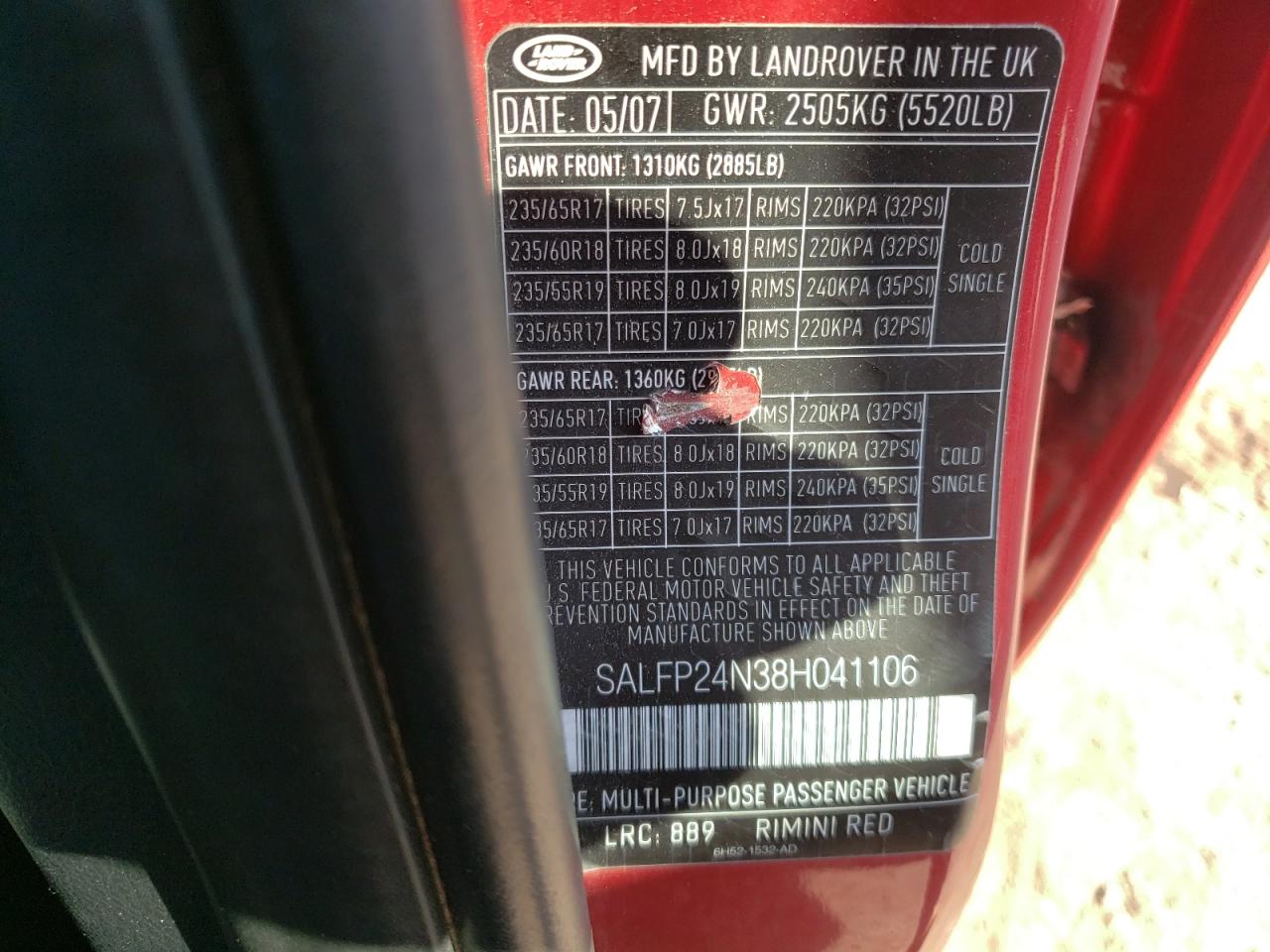 Photo 10 from auction – 2008 LAND ROVER LR2 SE with VIN SALFP24N38H041106