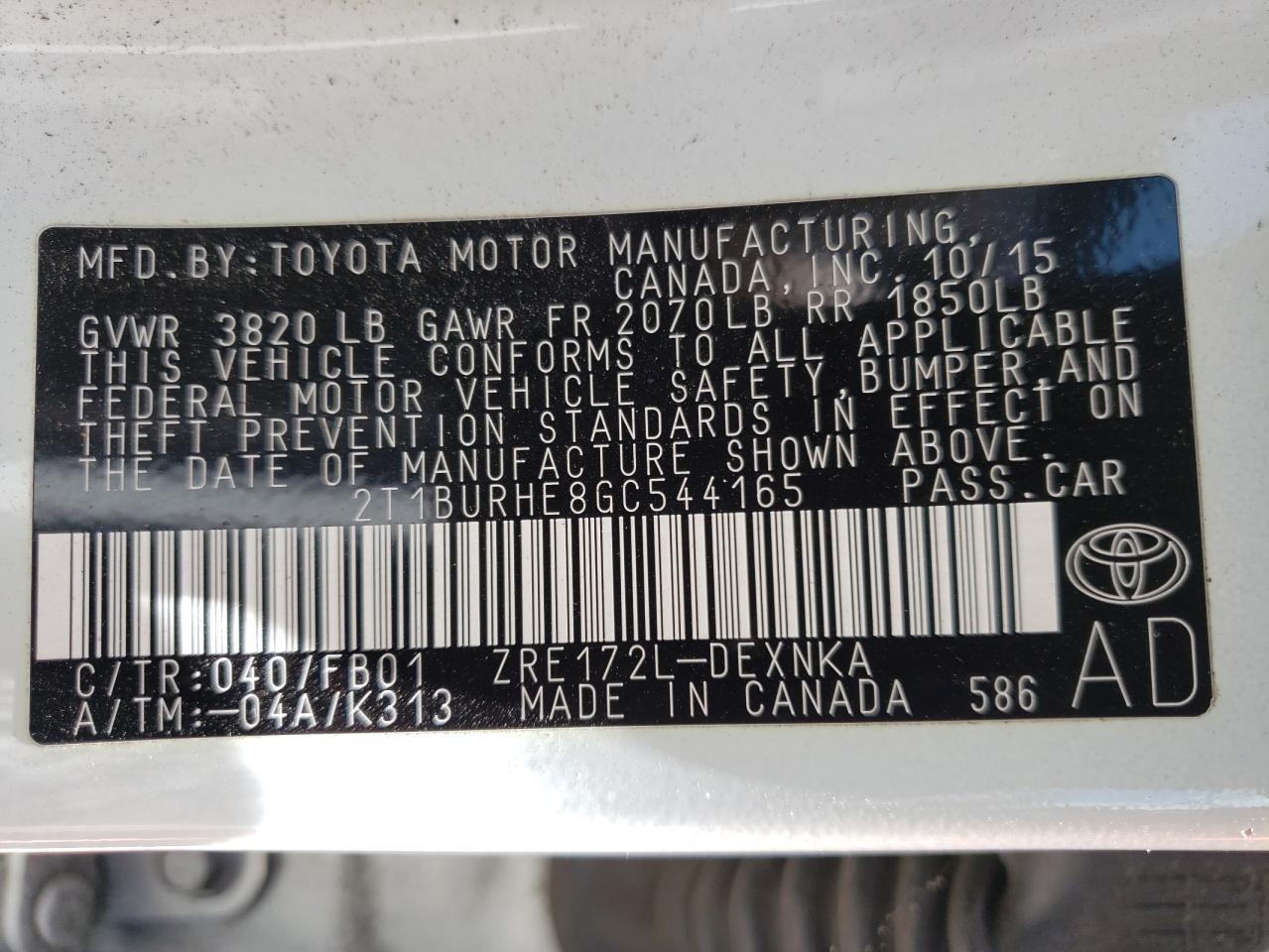 Photo 10 from auction – 2016 TOYOTA COROLLA L with VIN 2T1BURHE8GC544165