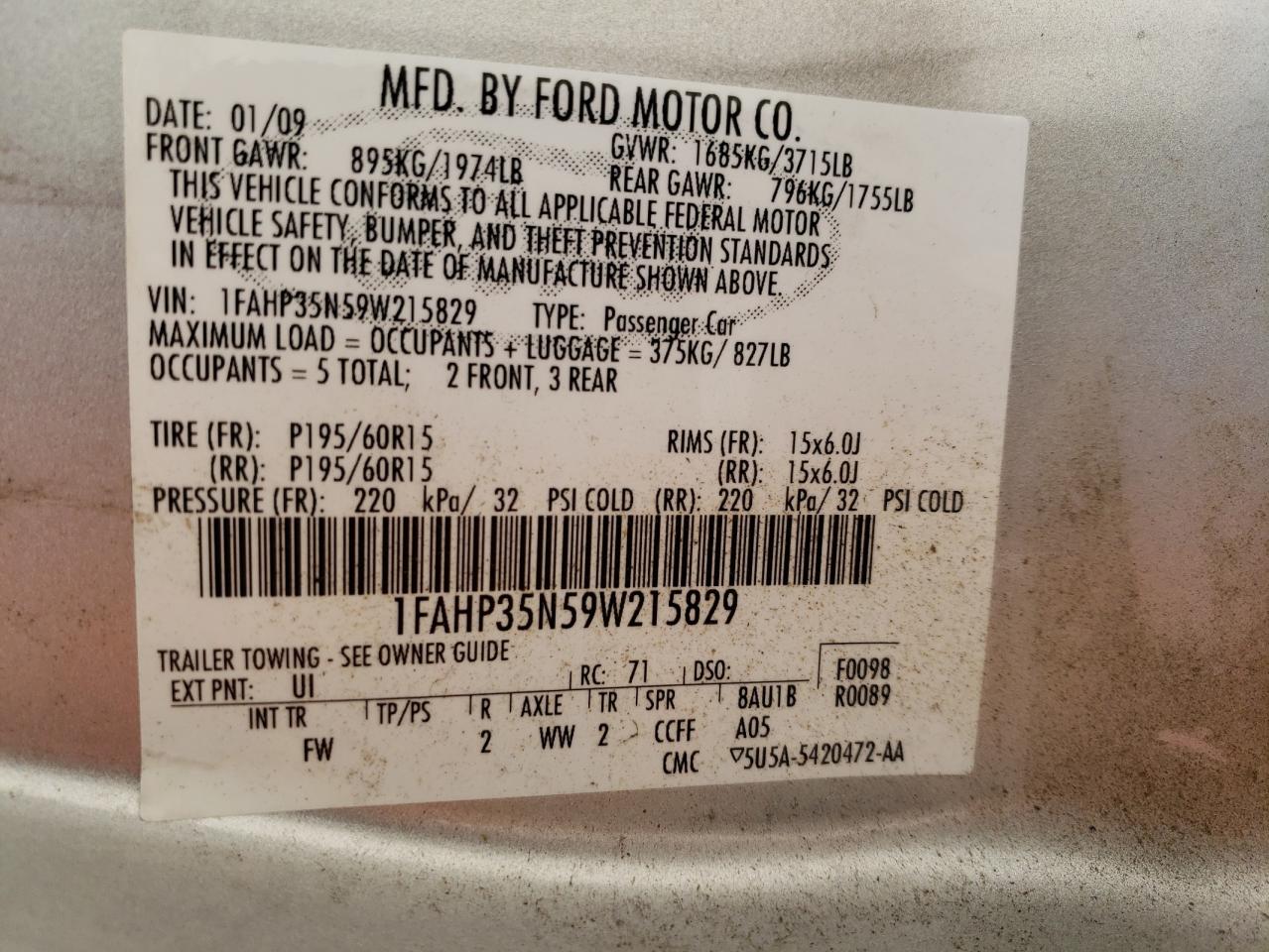 Photo 10 from auction – 2009 FORD FOCUS SE with VIN 1FAHP35N59W215829