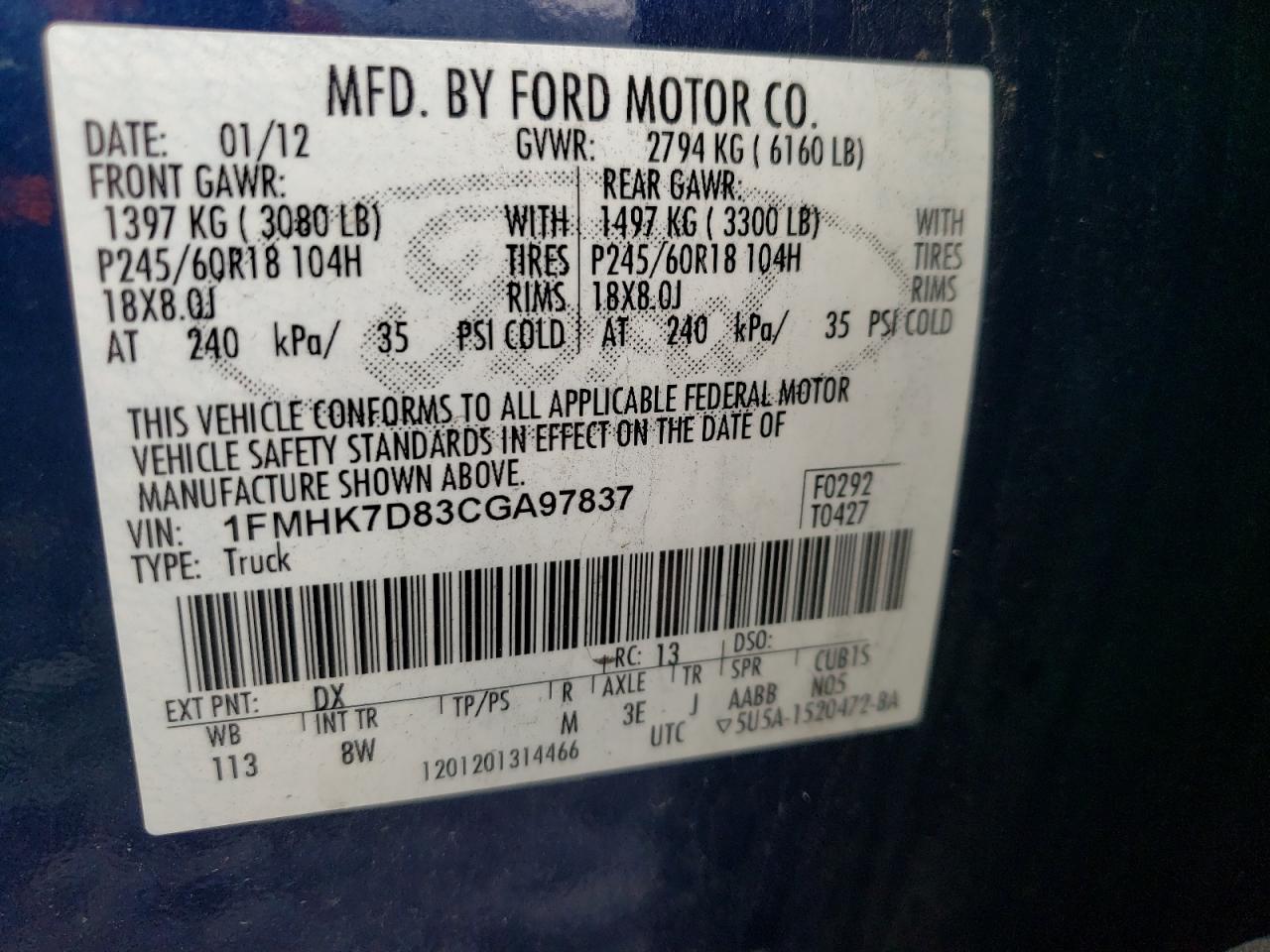 Photo 10 from auction – 2012 FORD EXPLORER X with VIN 1FMHK7D83CGA97837