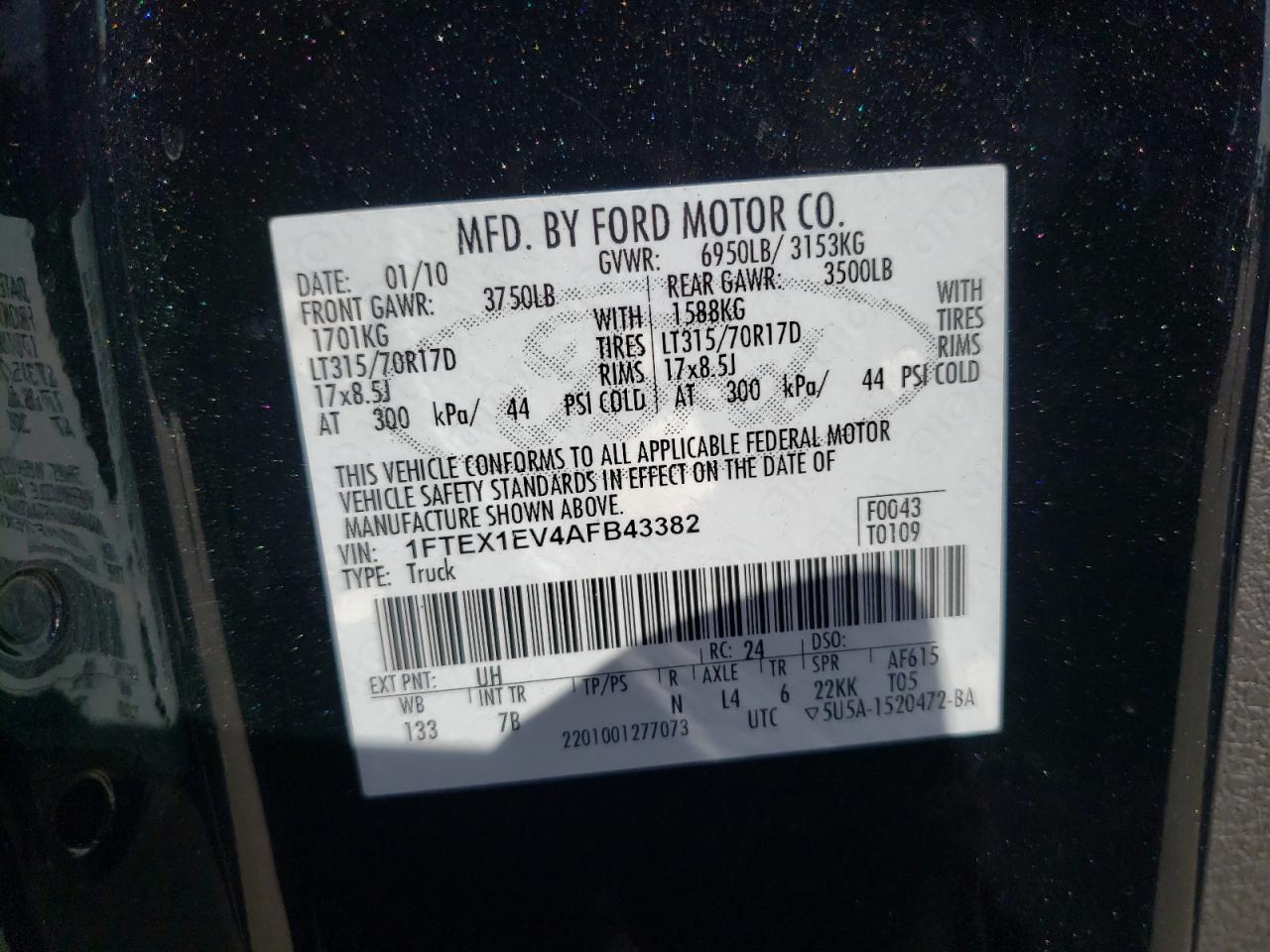 Photo 10 from auction – 2010 FORD F-150 with VIN 1FTEX1EV4AFB43382