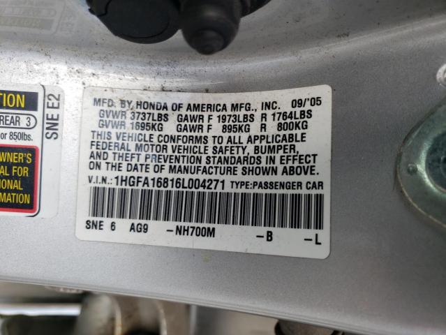 Photo 10 from auction – 2006 HONDA CIVIC EX with VIN 1HGFA16816L004271