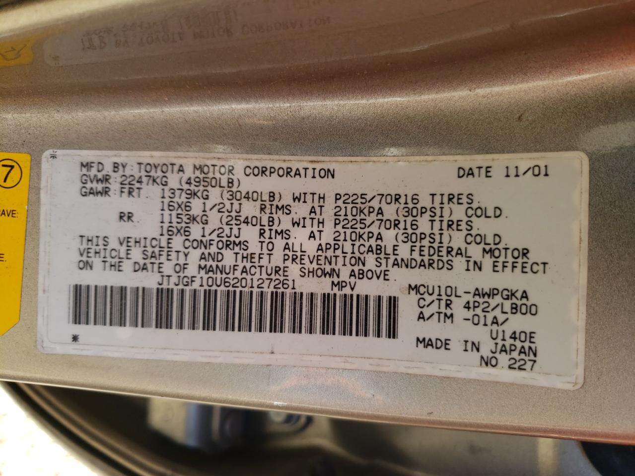 Photo 10 from auction – 2002 LEXUS RX 300 with VIN JTJGF10U620127261