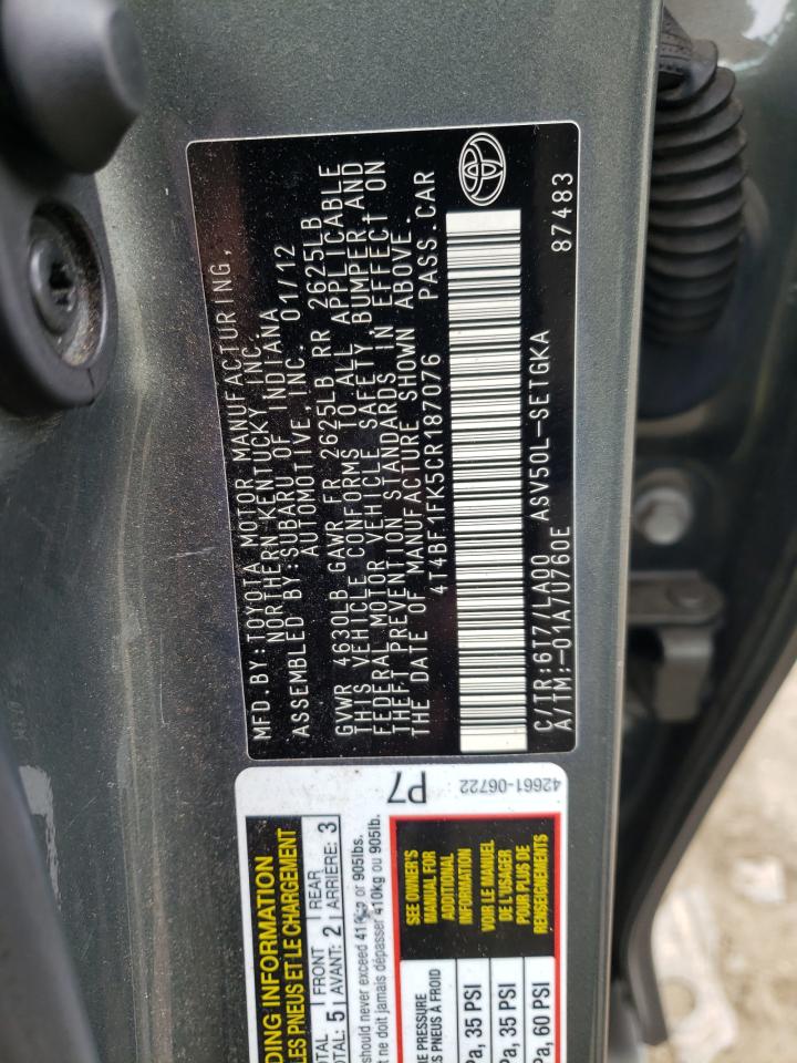 صورة رقم 10 من المزاد - 2012 TOYOTA CAMRY BASE مع VIN 4T4BF1FK5CR187076