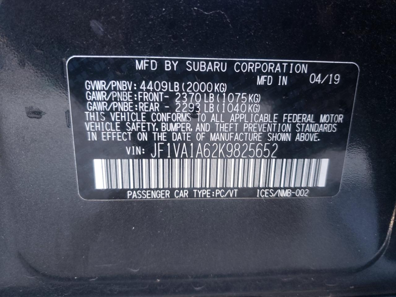 Photo 10 from auction – 2019 SUBARU WRX with VIN JF1VA1A62K9825652