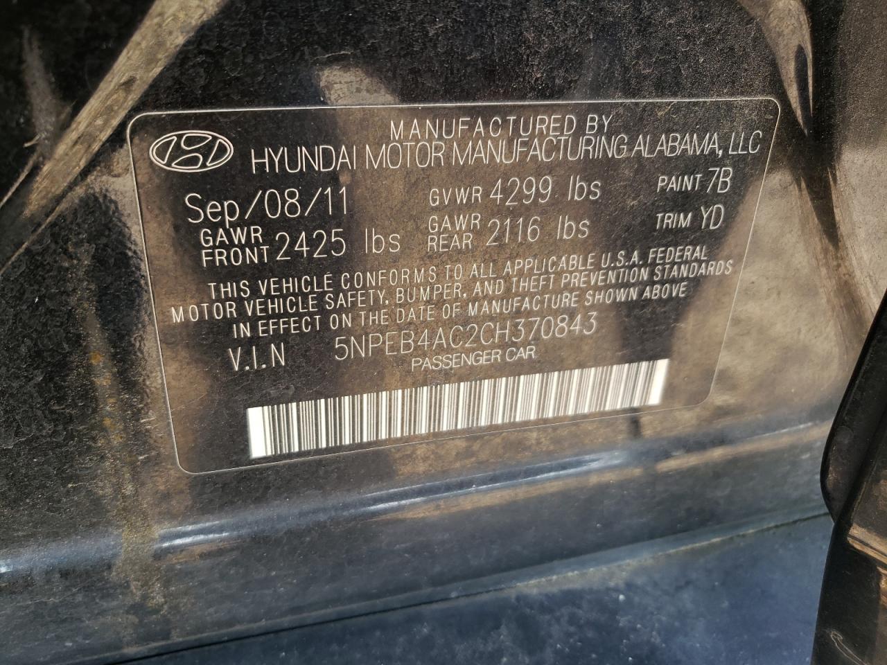 Photo 10 from auction – 2012 HYUNDAI SONATA GLS with VIN 5NPEB4AC2CH370843