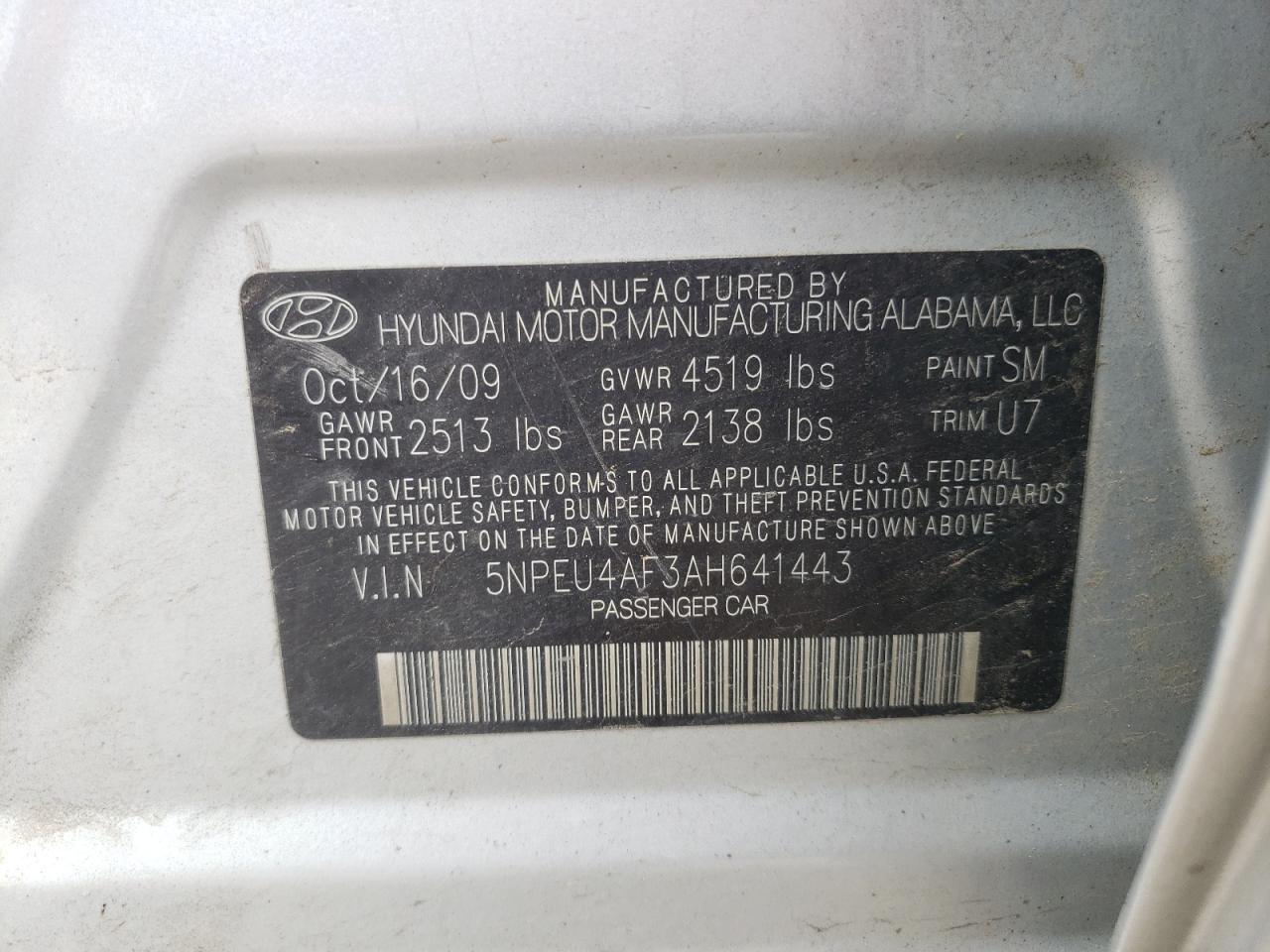 Photo 10 from auction – 2010 HYUNDAI SONATA SE with VIN 5NPEU4AF3AH641443