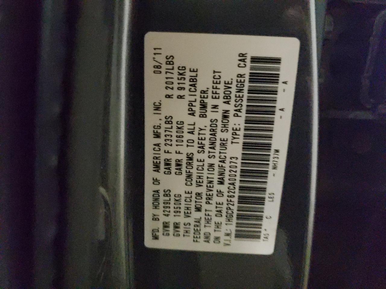 Photo 10 from auction – 2012 HONDA ACCORD SE with VIN 1HGCP2F62CA002073