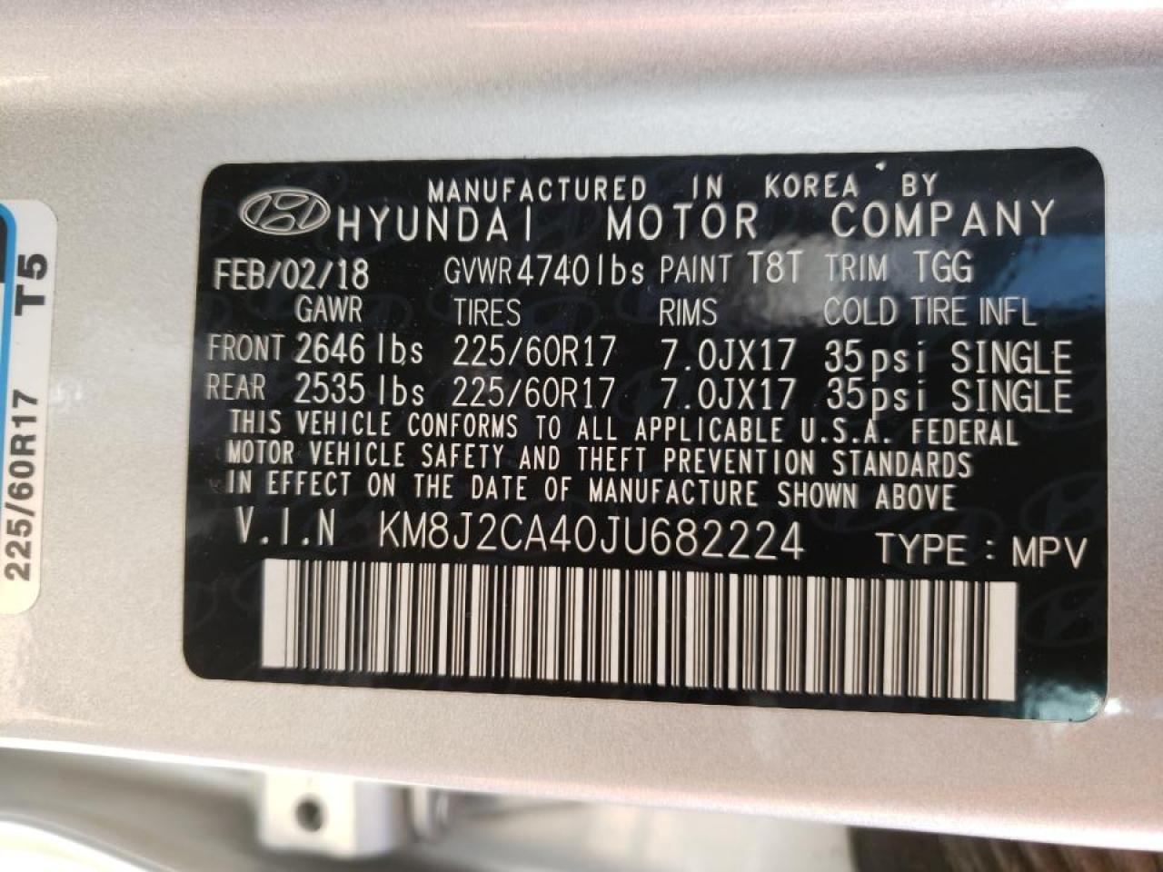 Photo 10 from auction – 2018 HYUNDAI TUCSON SE with VIN KM8J2CA40JU682224